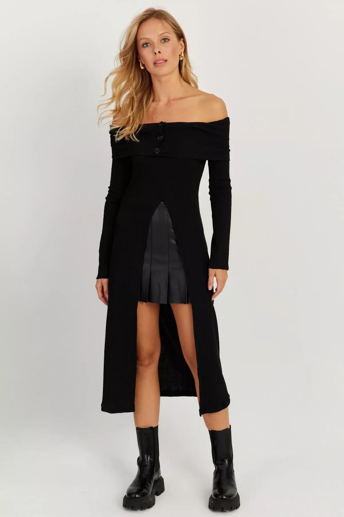 Black Cutout Bardot Midi Dress, BLACK, large image number 0