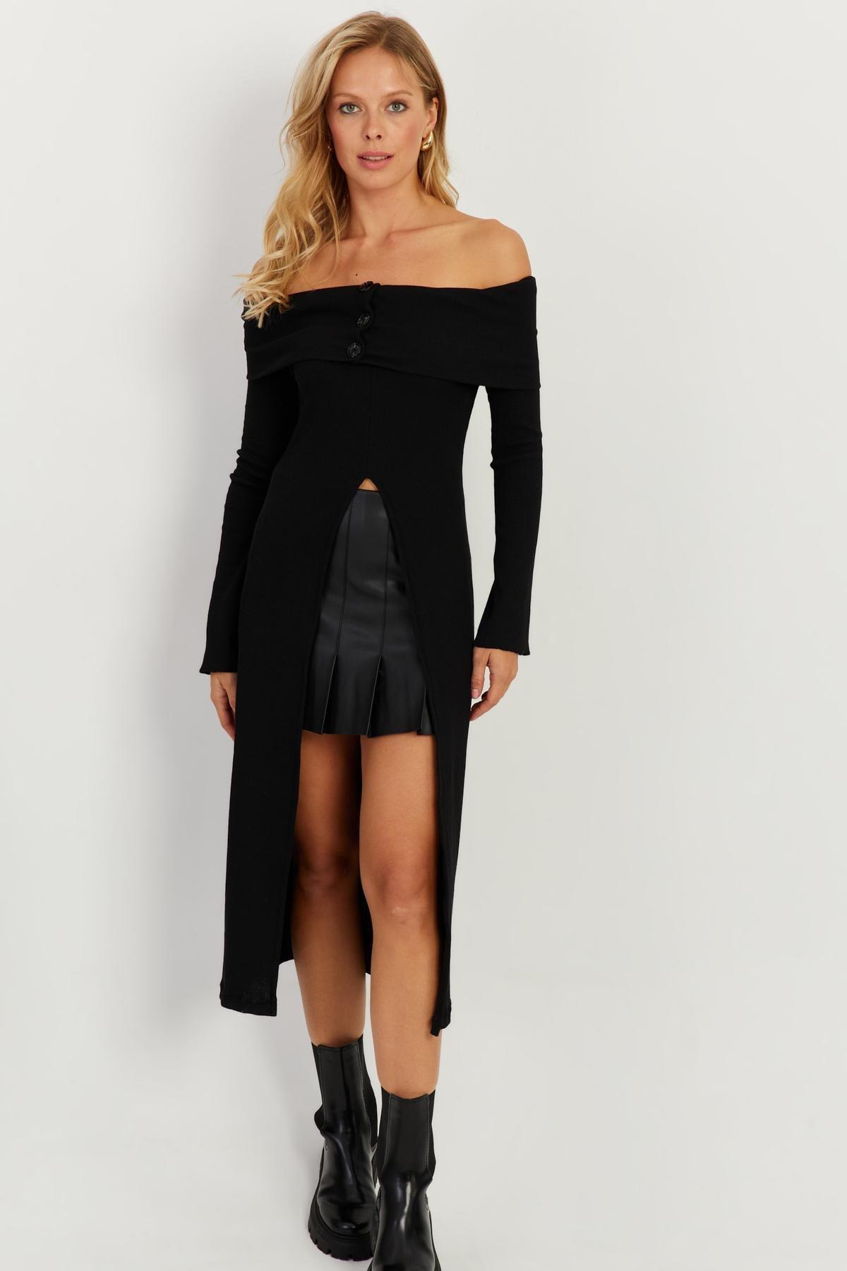 Black Cutout Bardot Midi Dress, , large image number 1