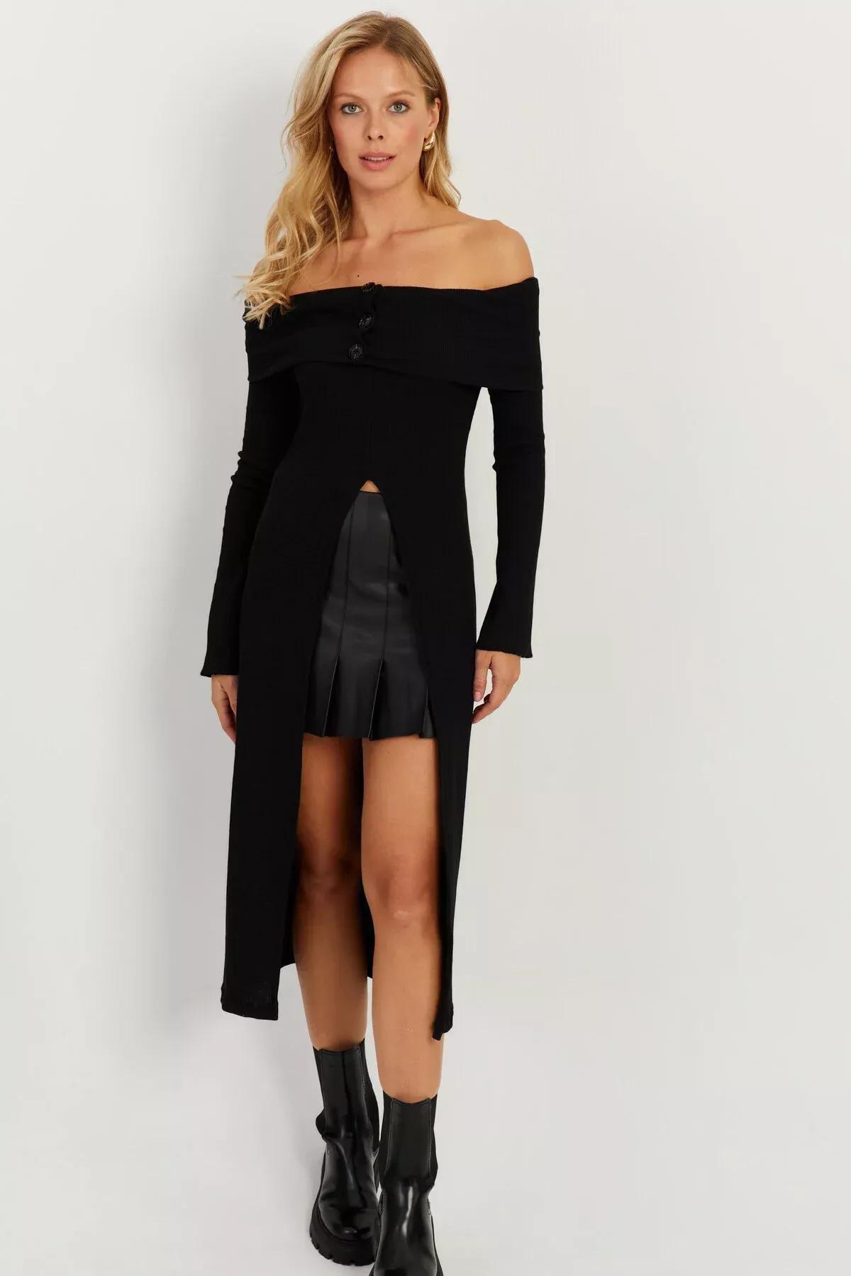 Black Cutout Bardot Midi Dress, BLACK, large image number 1