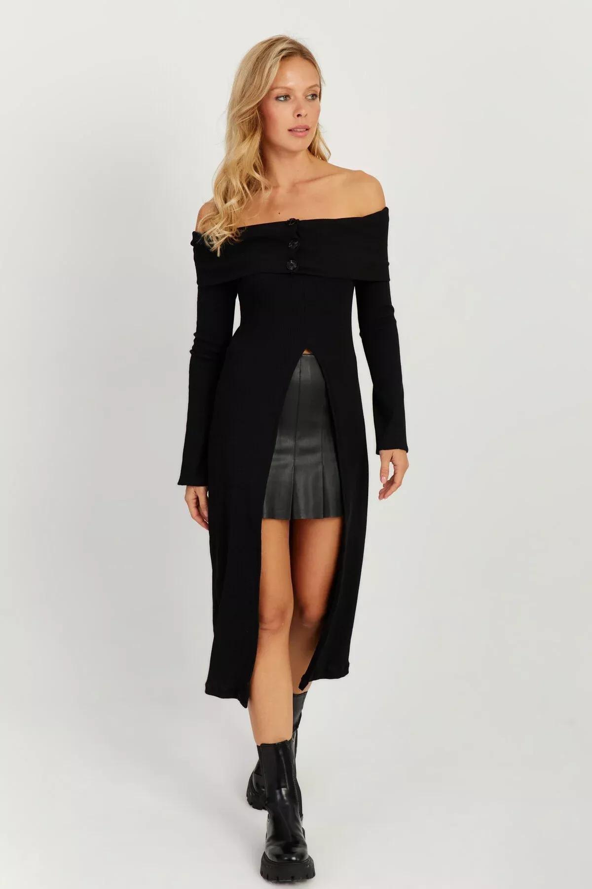 Black Cutout Bardot Midi Dress, BLACK, large image number 2