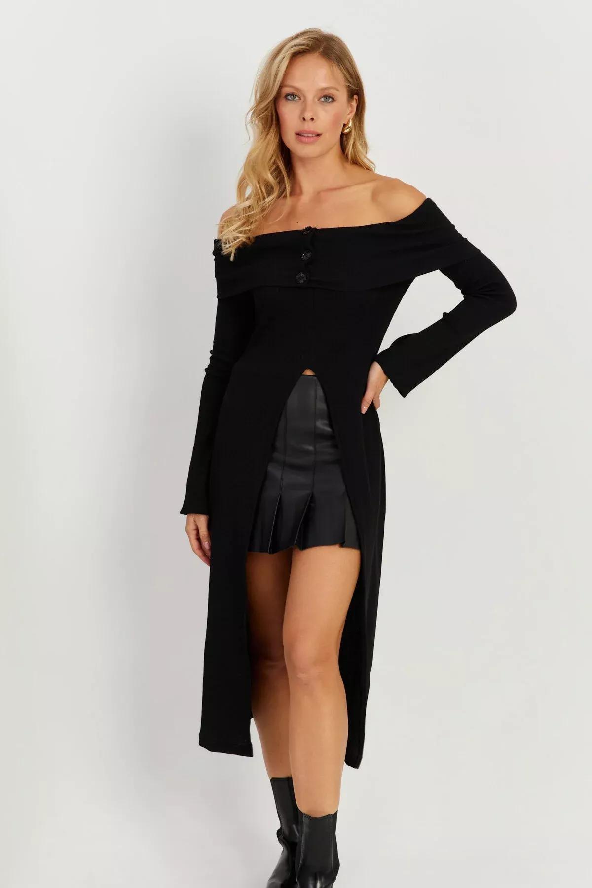 Black Cutout Bardot Midi Dress, BLACK, large image number 3
