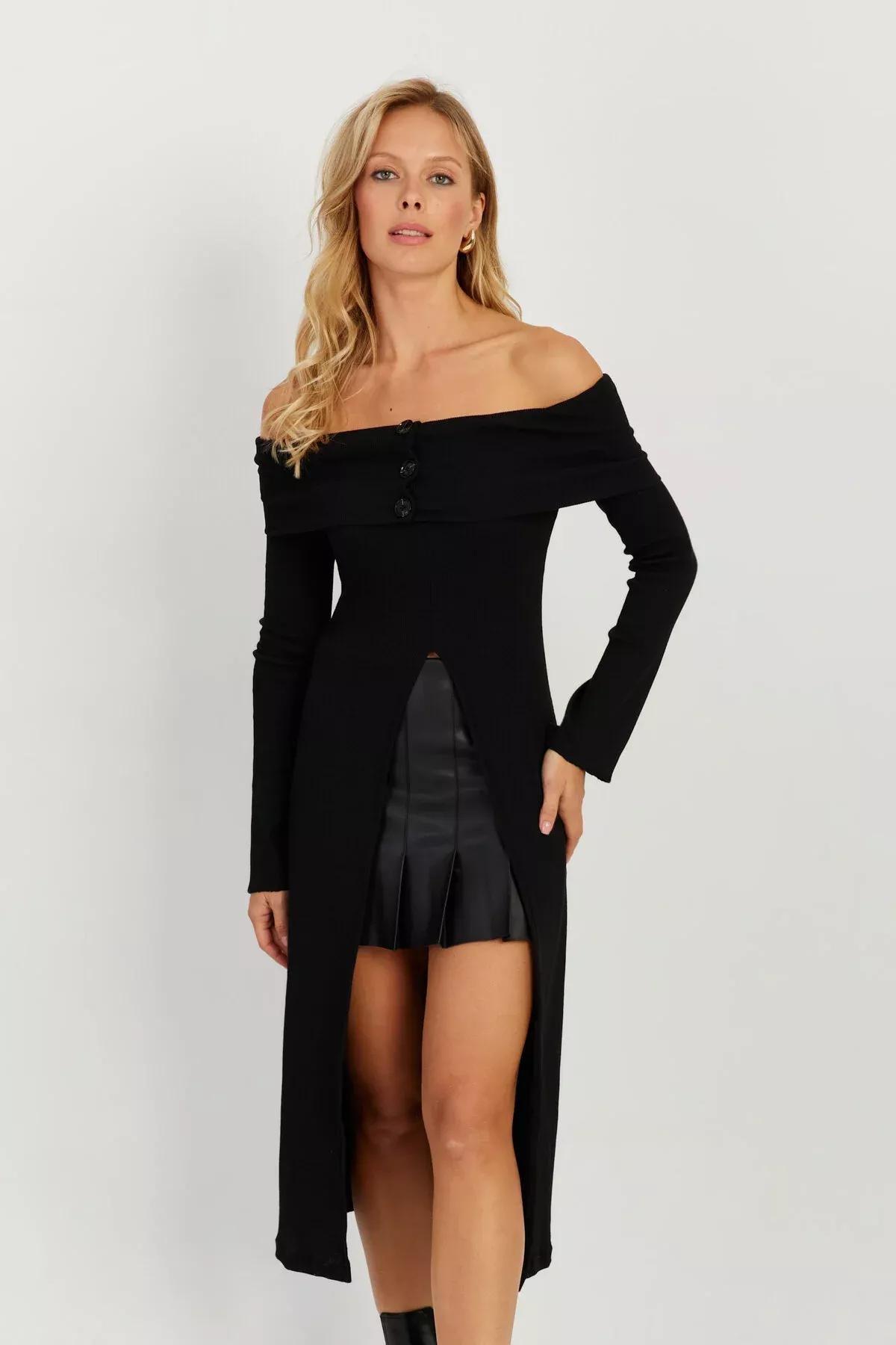 Black Cutout Bardot Midi Dress, BLACK, large image number 6