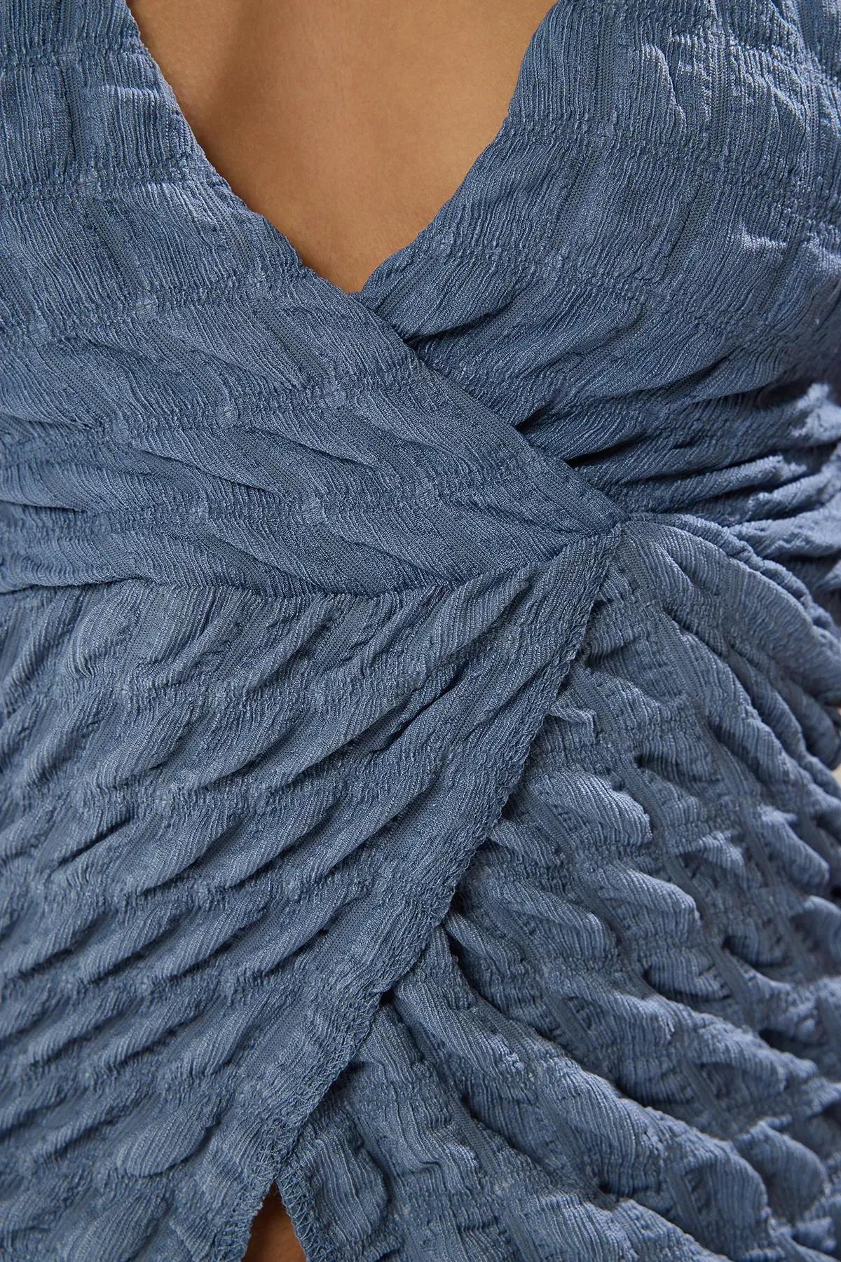 Blue Textured Knit Blouse, Indigo, large image number 2