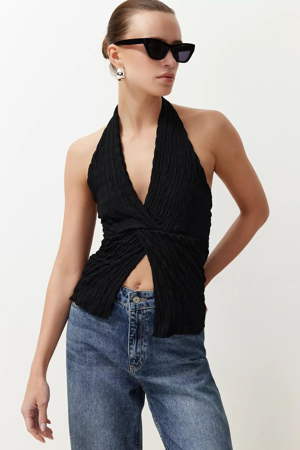 Black Textured Halter Knit Blouse, , large image number 1