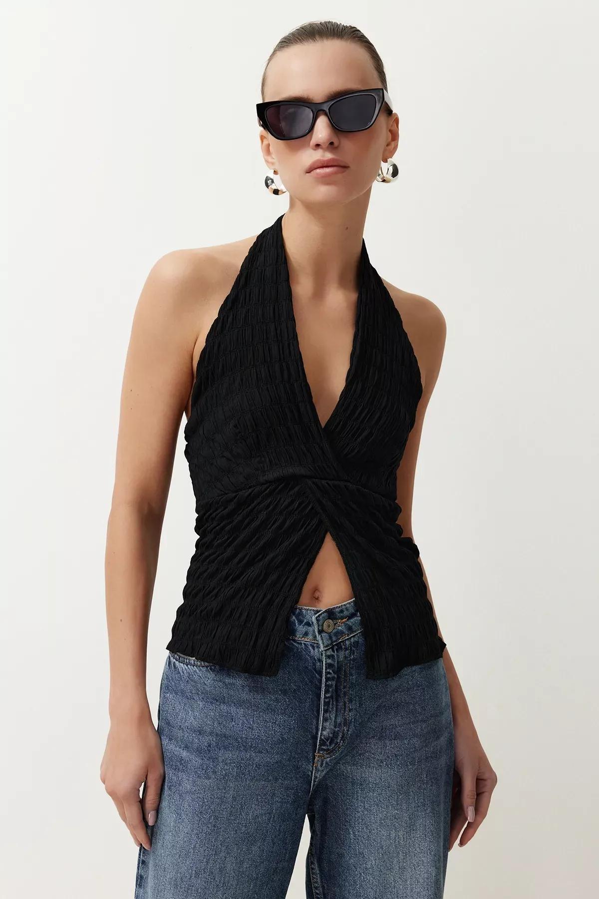 Black Textured Halter Knit Blouse, , large image number 2