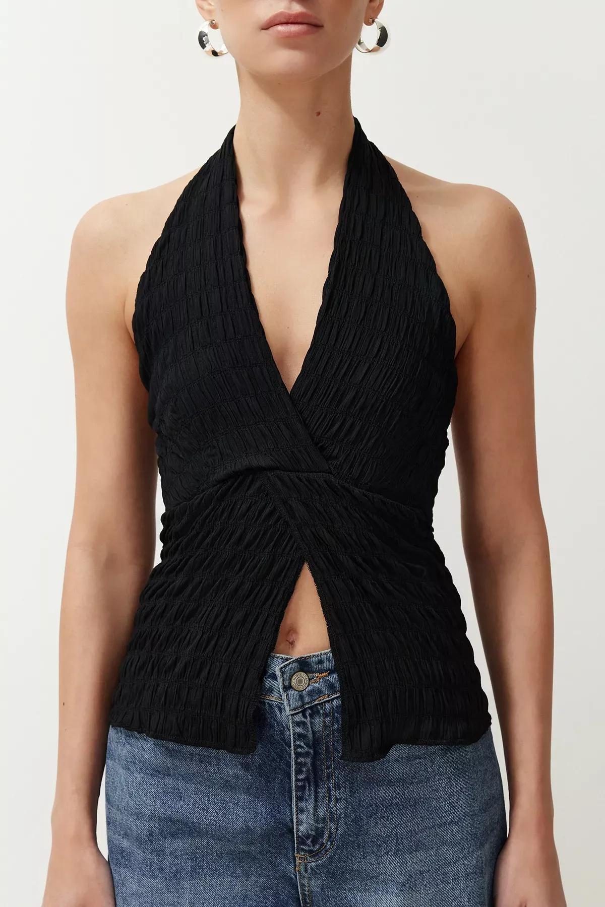 Black Textured Halter Knit Blouse, , large image number 4