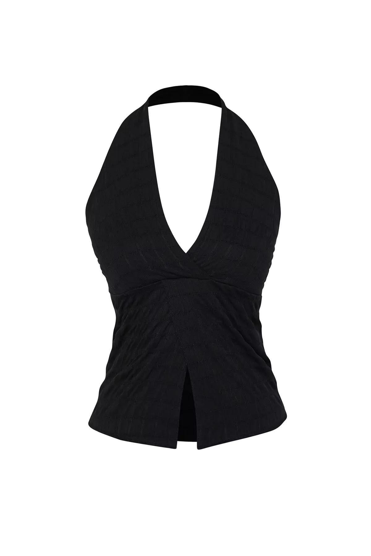 Black Textured Halter Knit Blouse, , large image number 5