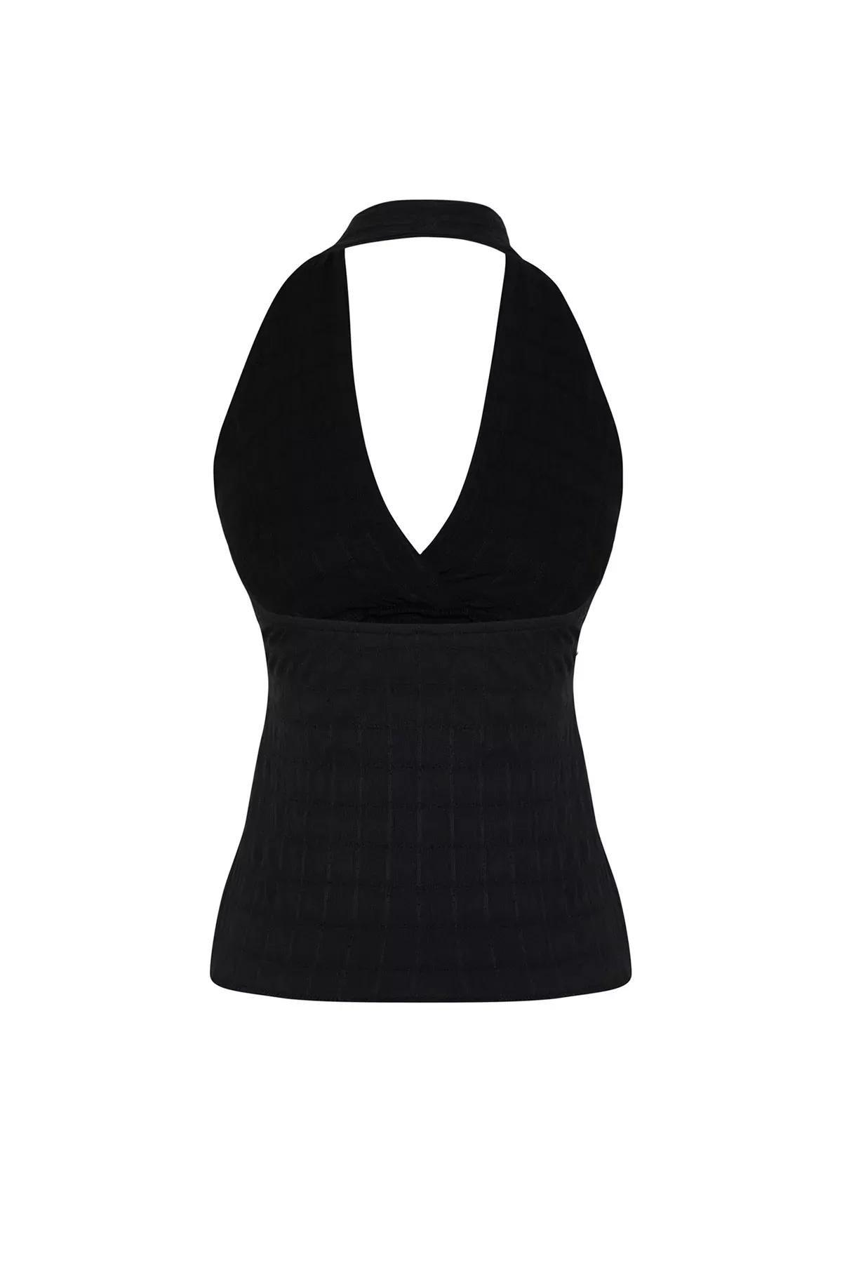 Black Textured Halter Knit Blouse, , large image number 6