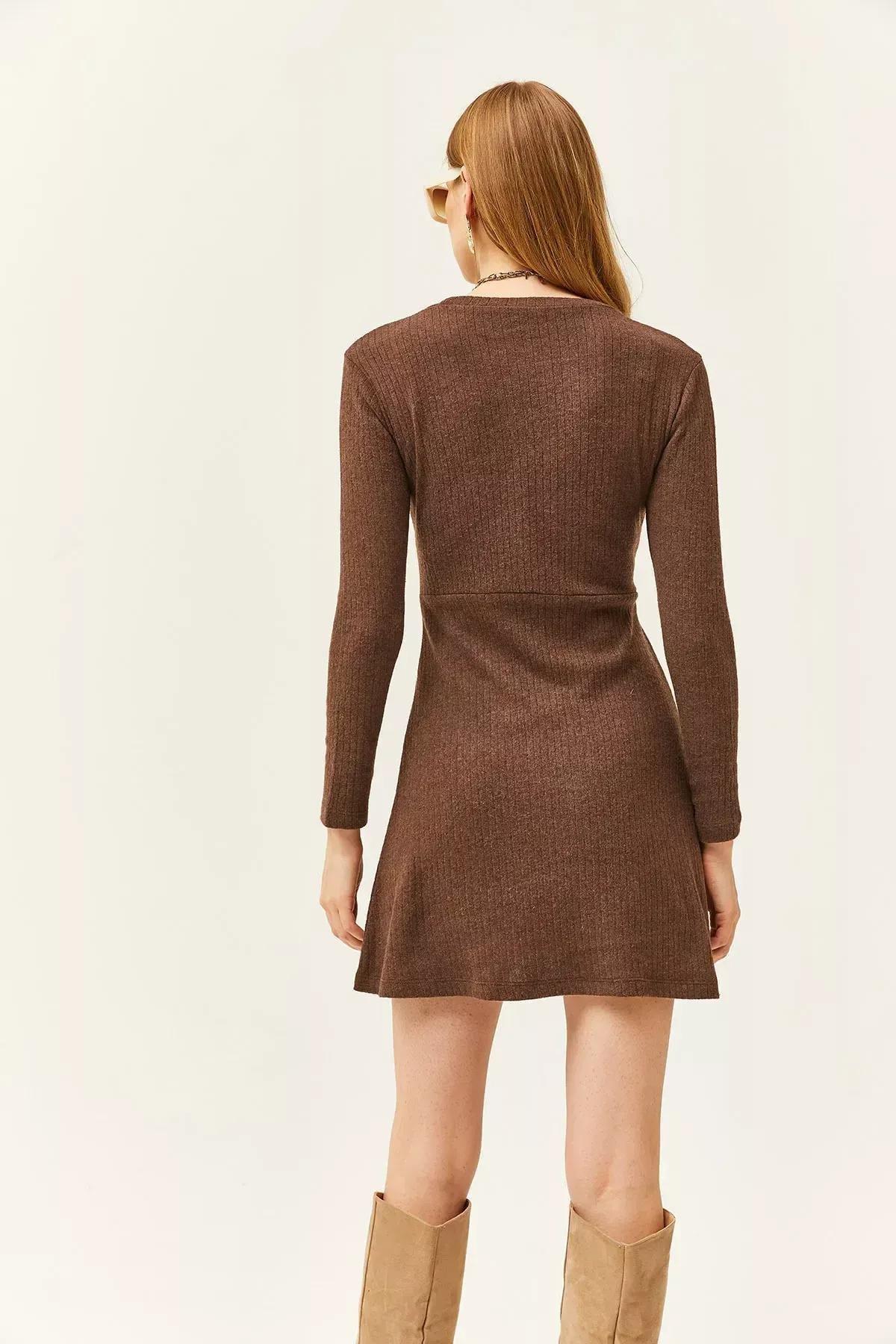 Brown Crew Neck Flared Ribbed Dress, Brown, large image number 1
