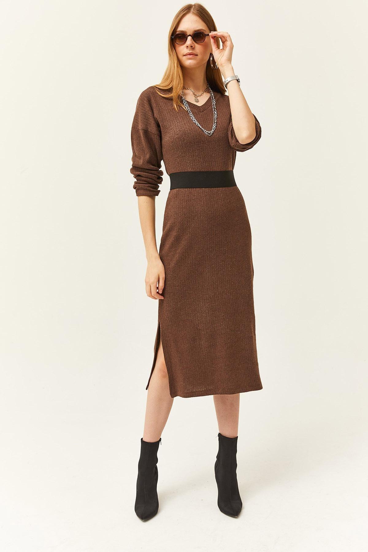 Brown Textured Sweater Midi Dress, , large image number 0