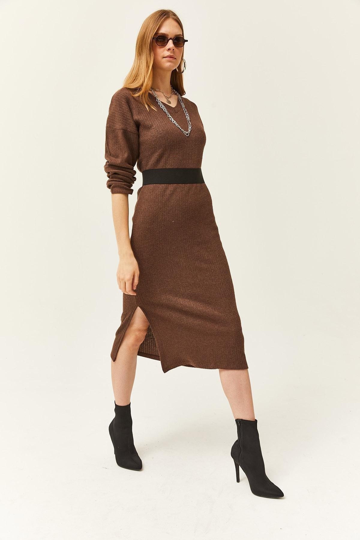 Brown Textured Sweater Midi Dress, , large image number 1