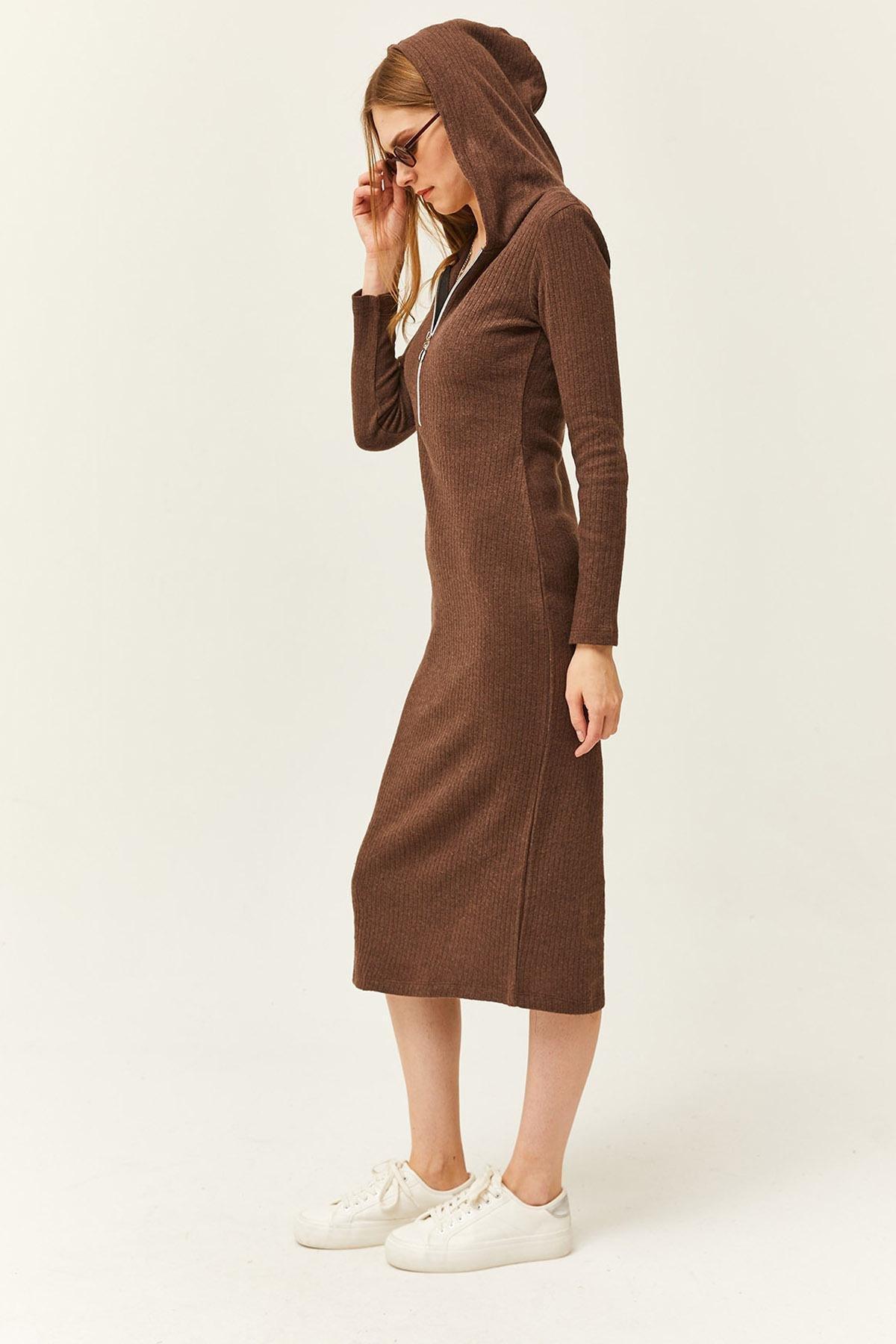 Brown Ribbed Sweater Midi Dress, , medium