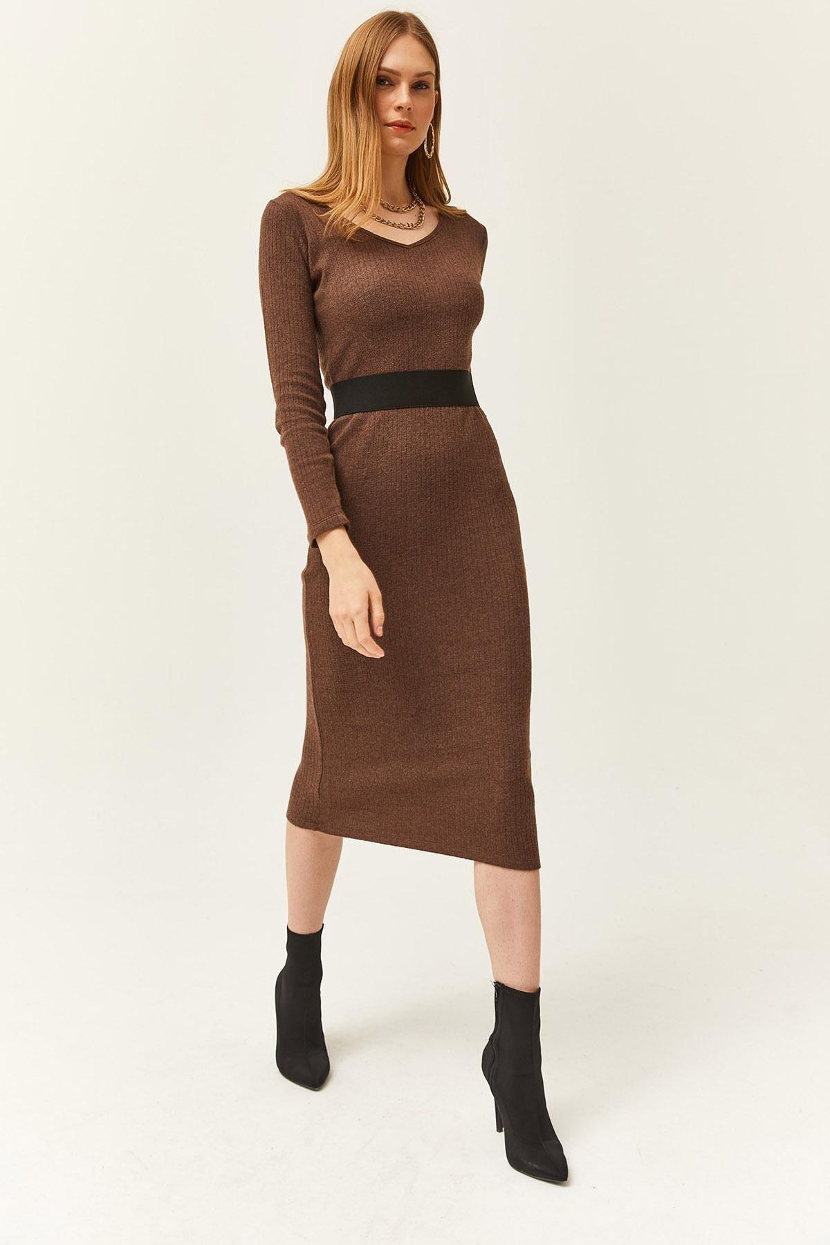 Brown Ribbed Sweater Midi Dress, , large image number 0