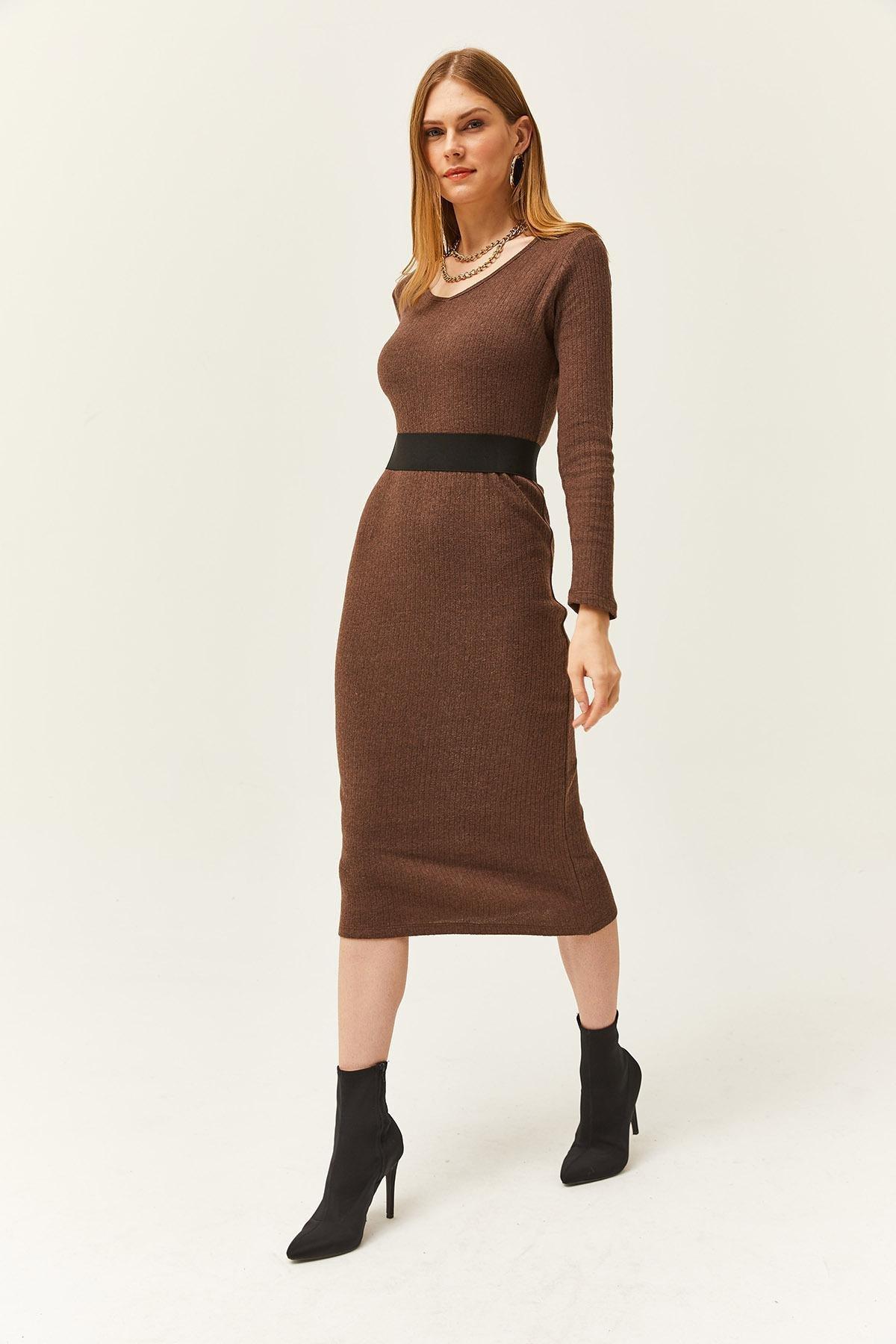 Brown Ribbed Sweater Midi Dress, , large image number 1
