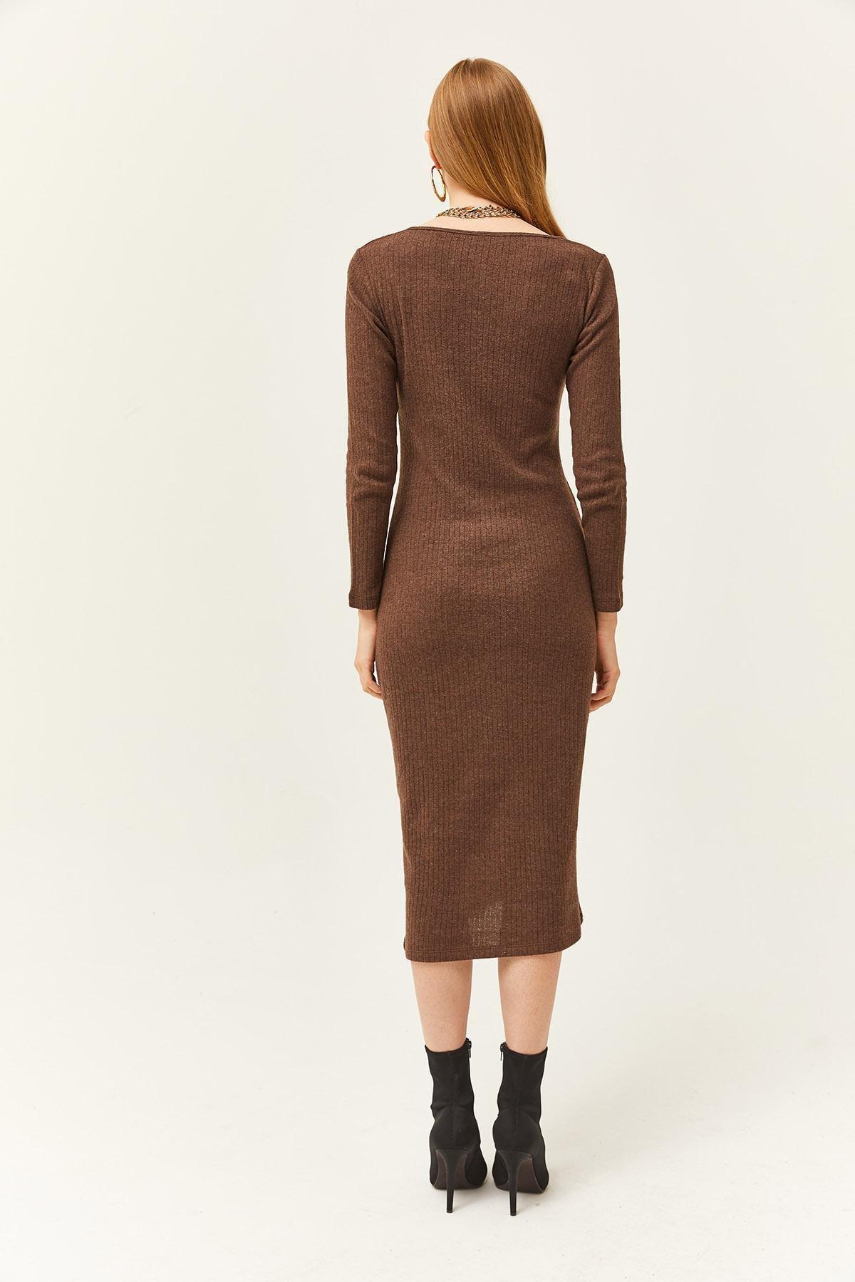Brown Ribbed Sweater Midi Dress, , large image number 2
