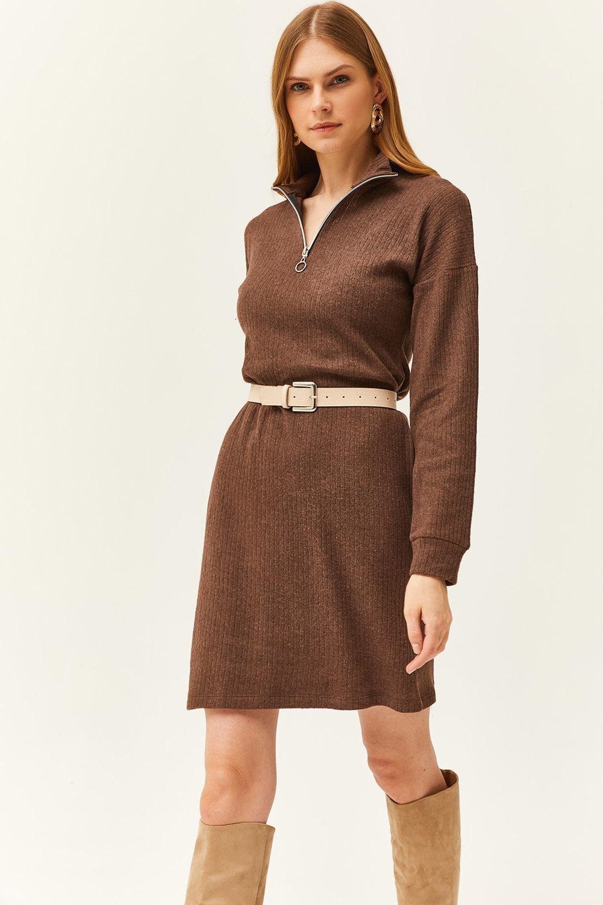 Brown Ribbed Sweater Mini Dress, , large image number 0