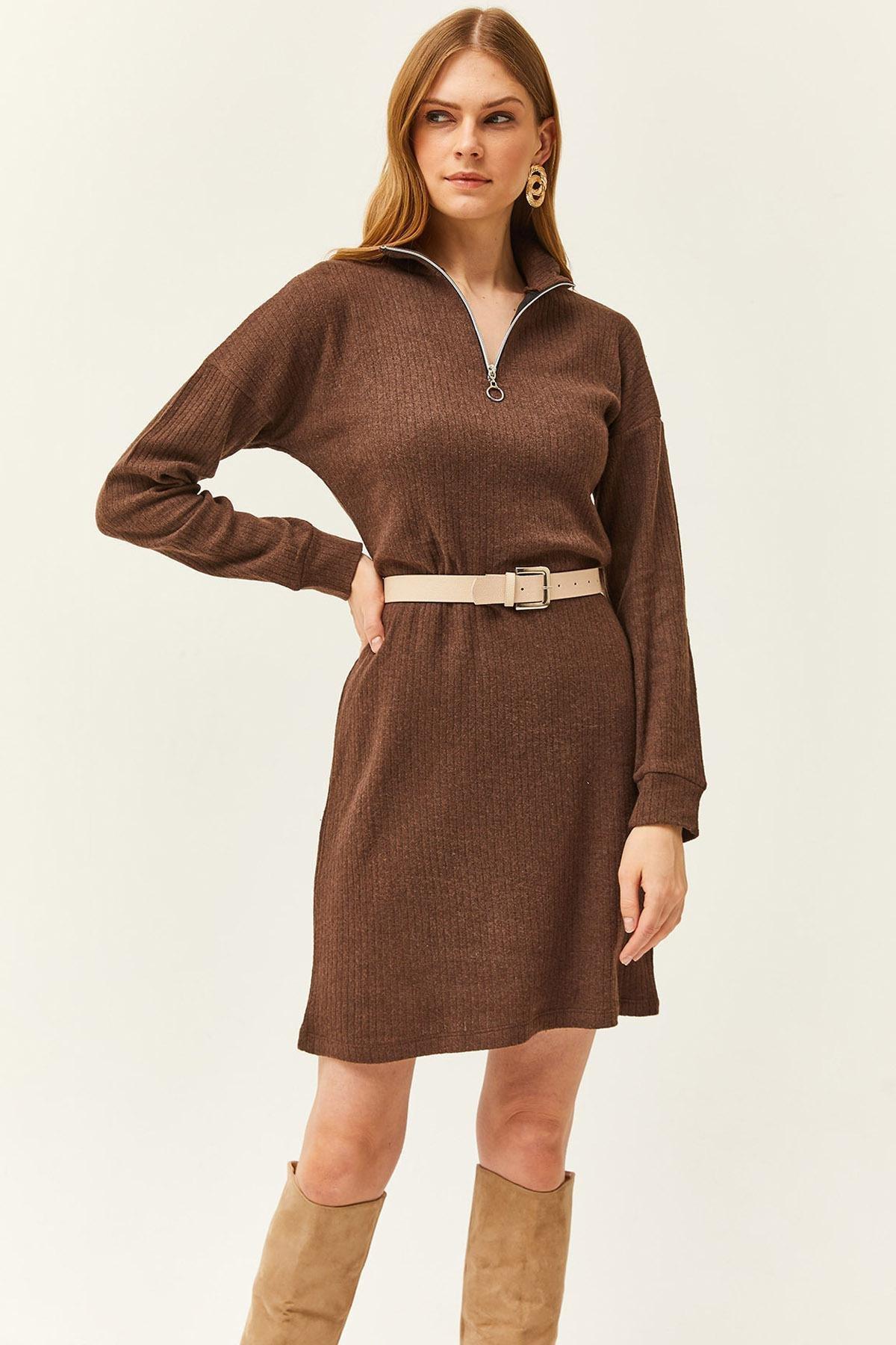 Brown Ribbed Sweater Mini Dress, , large image number 1