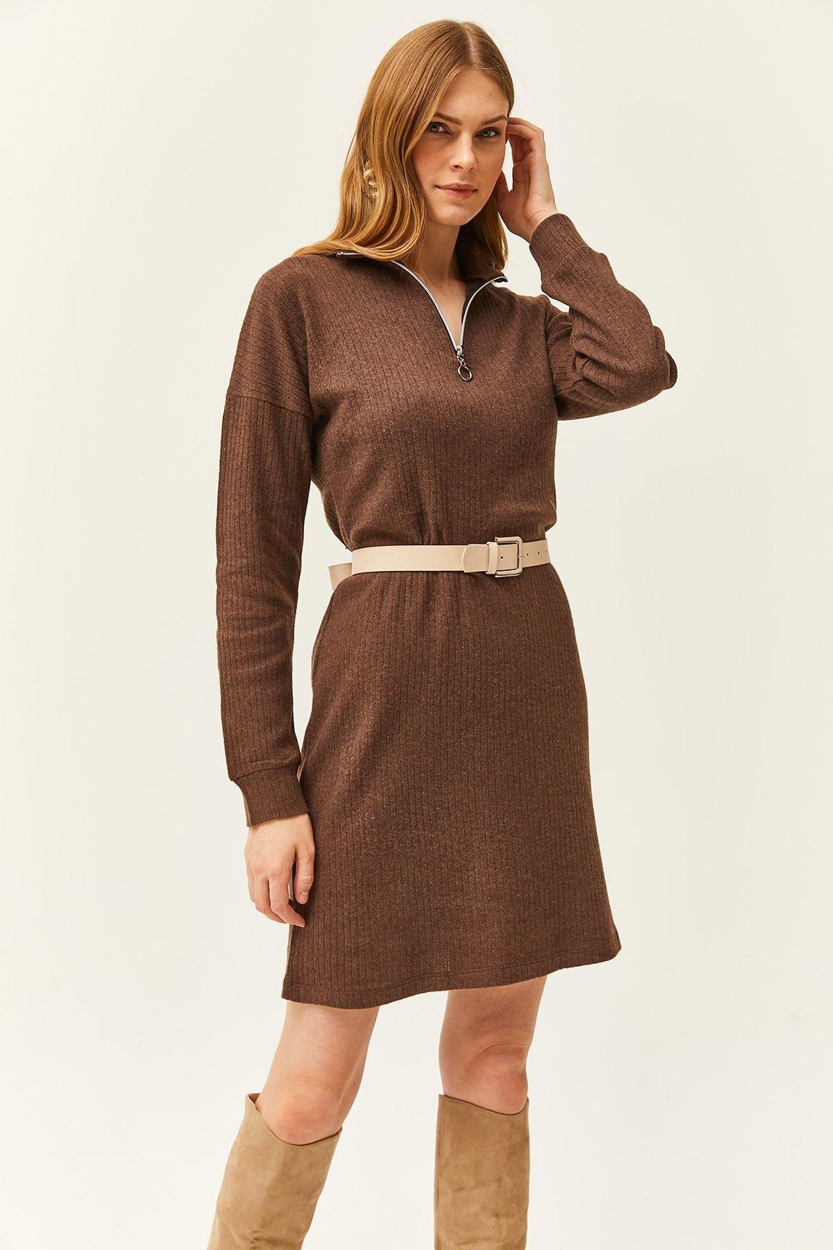 Brown Ribbed Sweater Mini Dress, , large image number 2