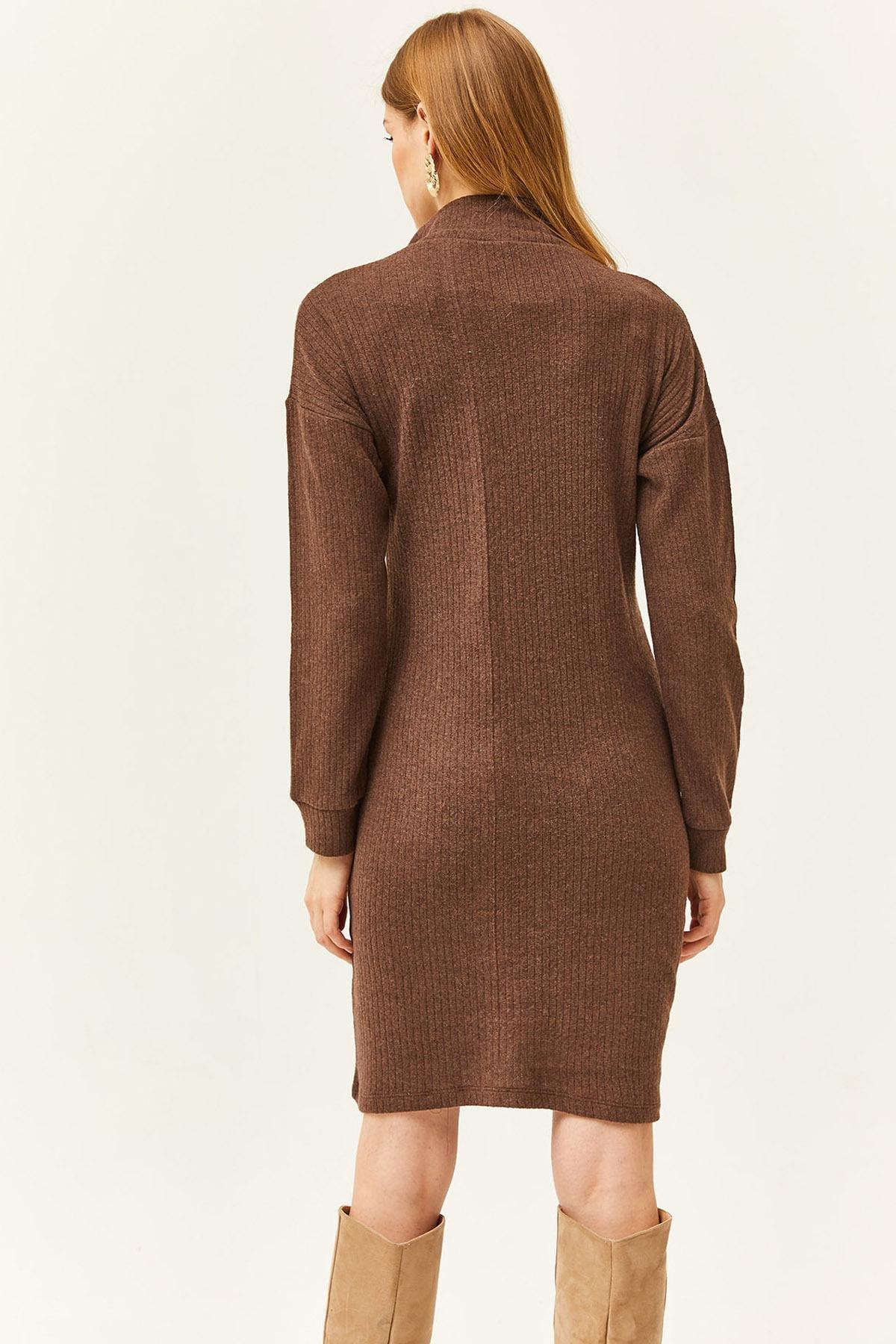 Brown Ribbed Sweater Mini Dress, , large image number 3