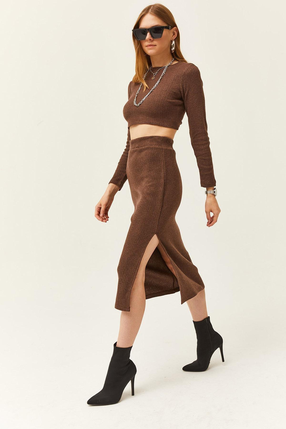 Brown Ribbed Slit Suit Set, Brown, medium