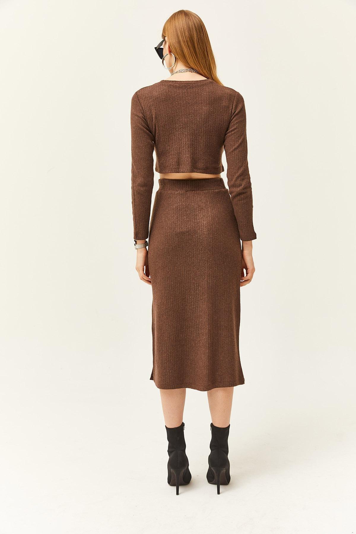 Brown Ribbed Slit Suit Set, Brown, medium