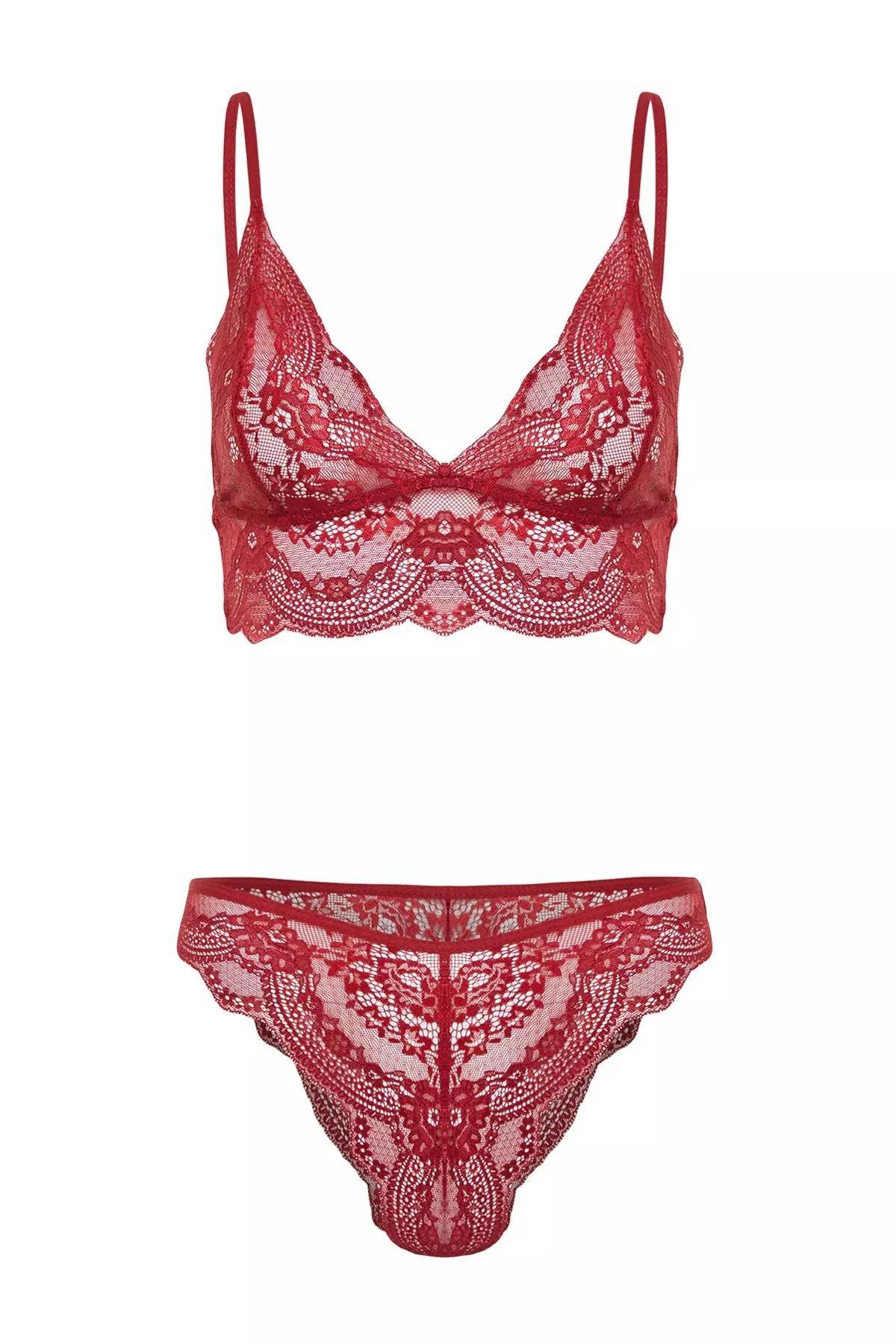 Burgundy Laced Capless Knitted Lingerie Set, Burgundy, large image number 6