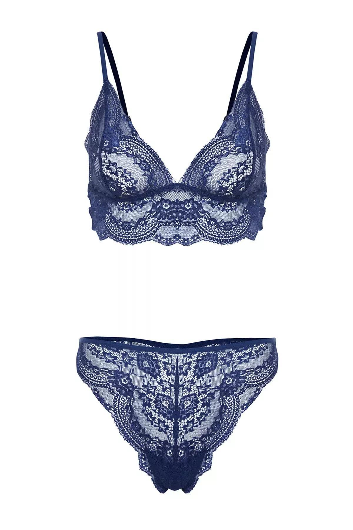 Navy Laced Non-Wired Cup less Knitted Underwear Set, Navy blue, large image number 5