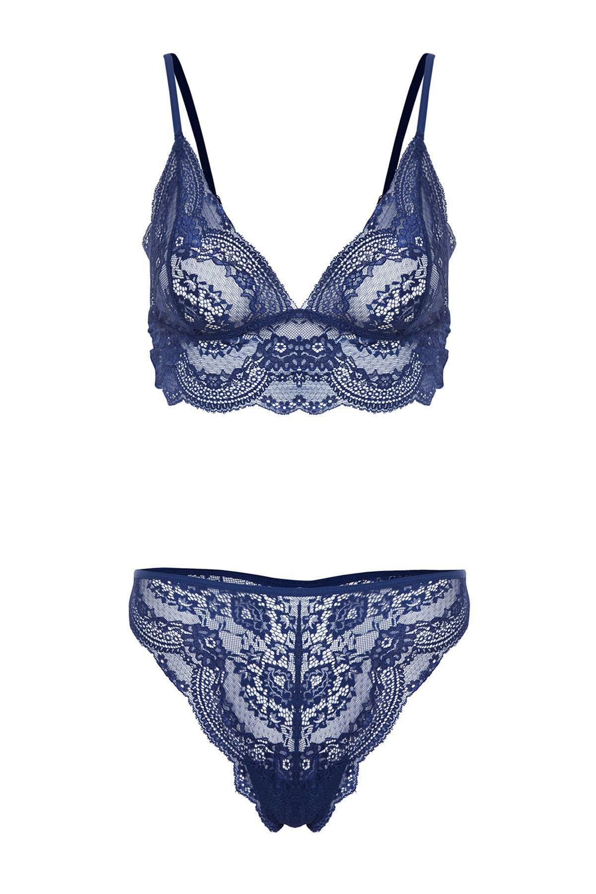 Navy Laced Non-Wired Cup less Knitted Underwear Set, , large image number 5