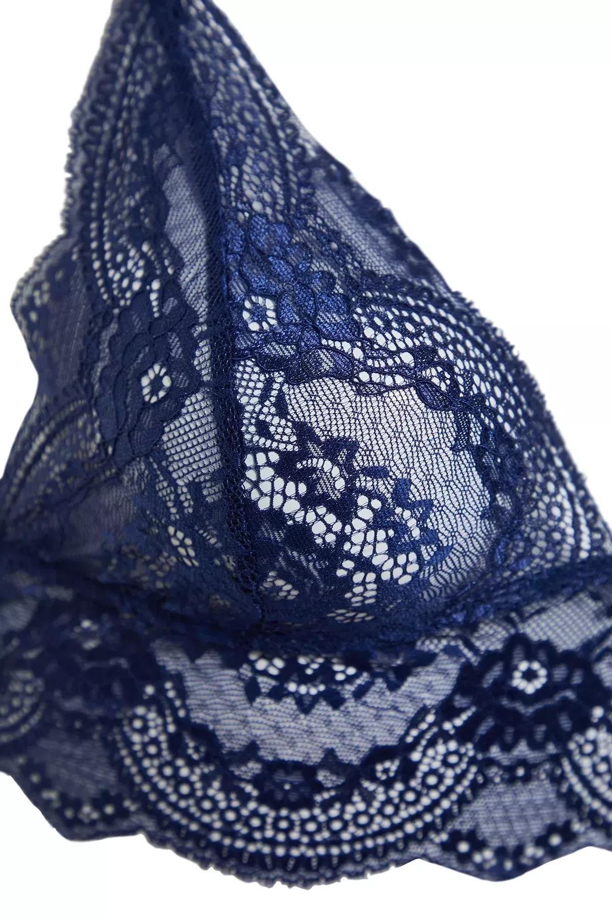 Navy Laced Non-Wired Cup less Knitted Underwear Set, Navy blue, large image number 6