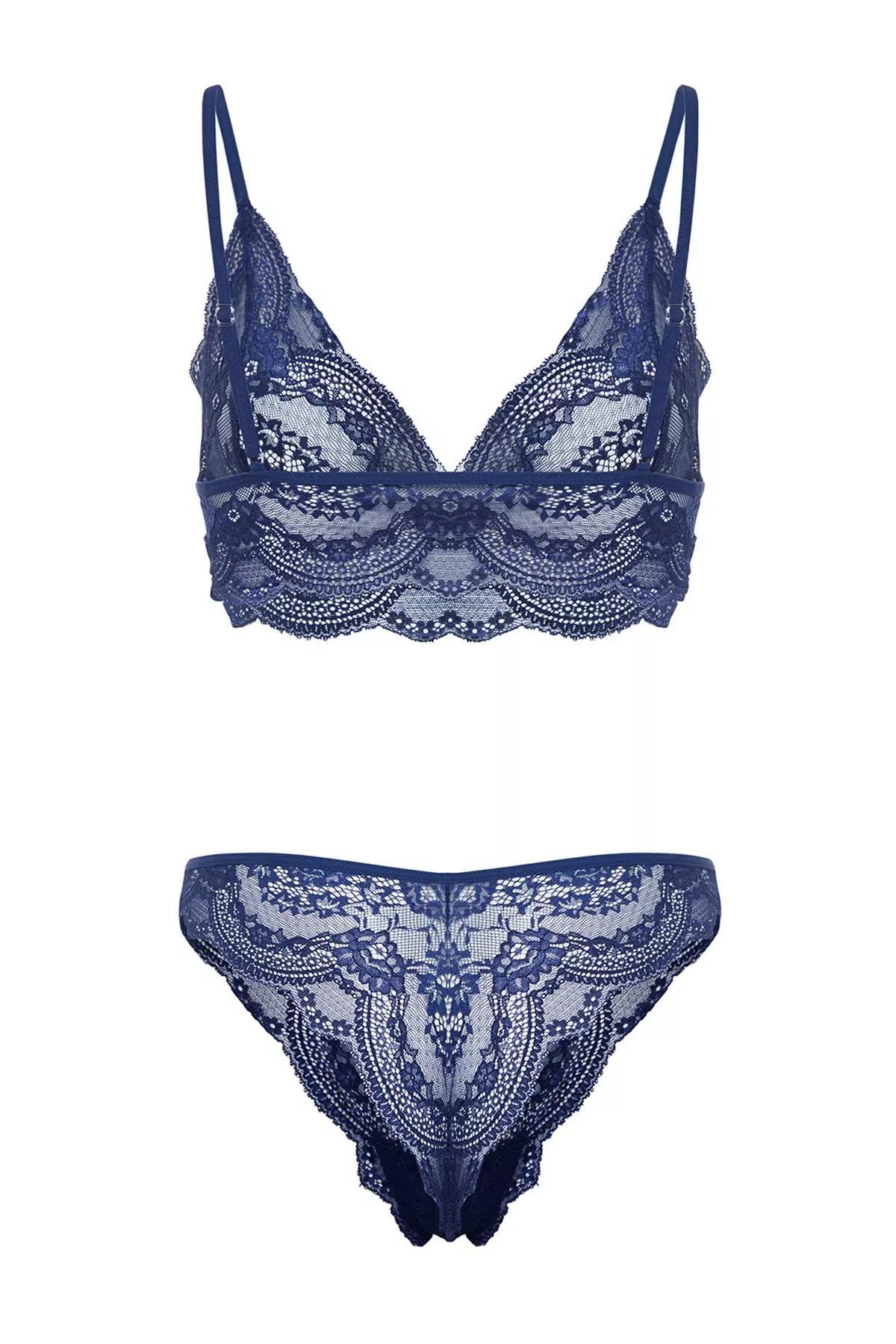 Navy Laced Non-Wired Cup less Knitted Underwear Set, Navy blue, large image number 7