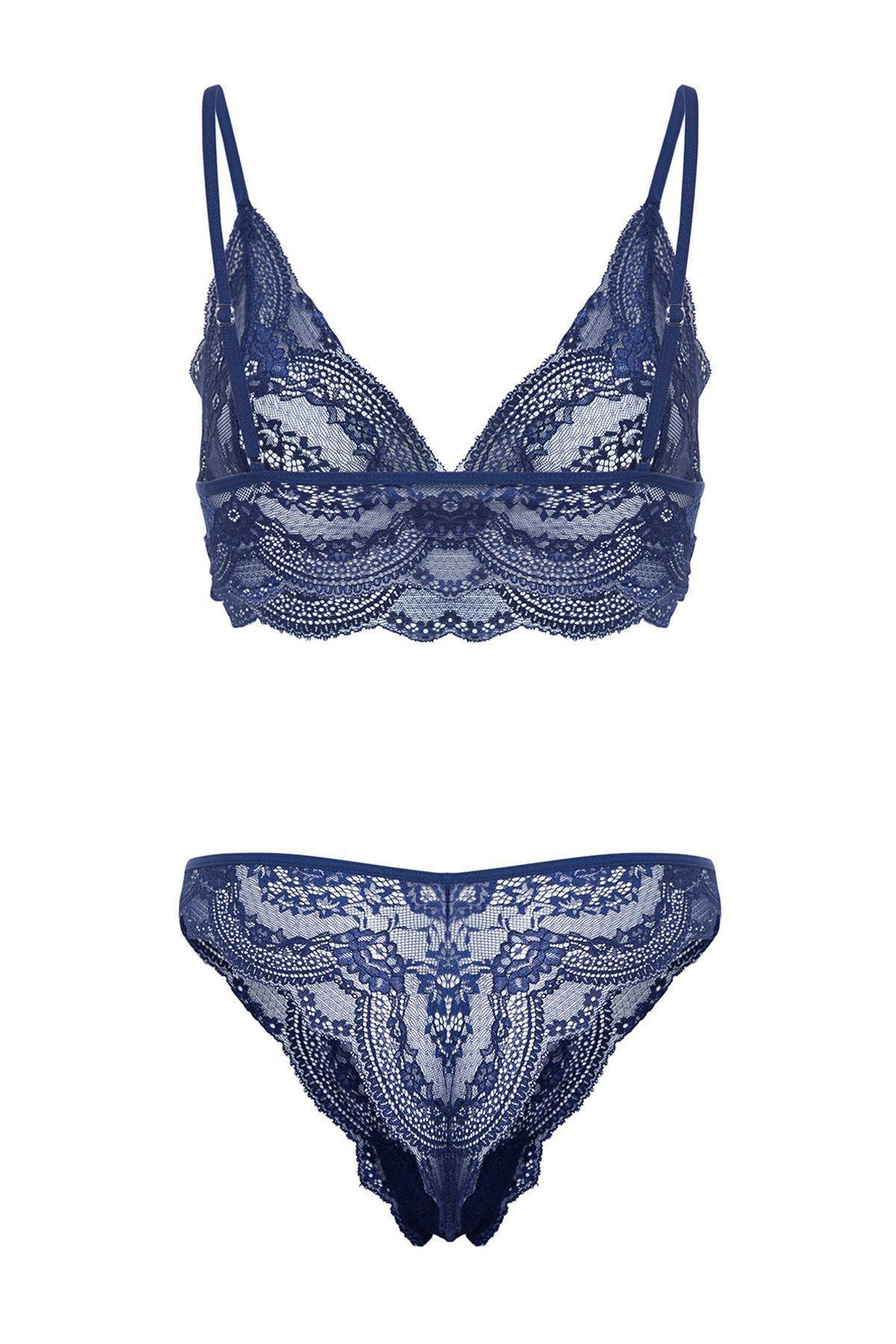 Navy Laced Non-Wired Cup less Knitted Underwear Set, , large image number 7