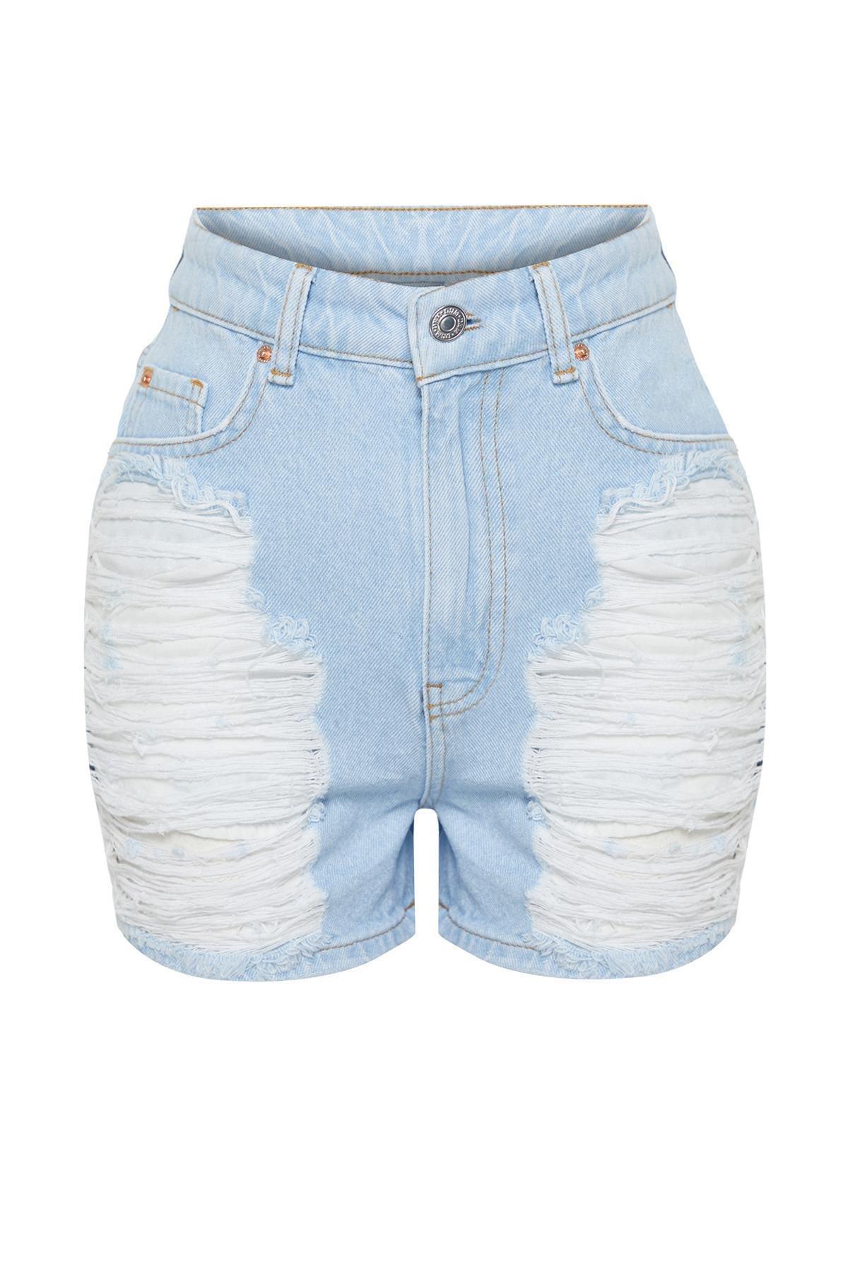Blue Ripped High Waist Mini Denim Shorts, C101_319, large image number 5