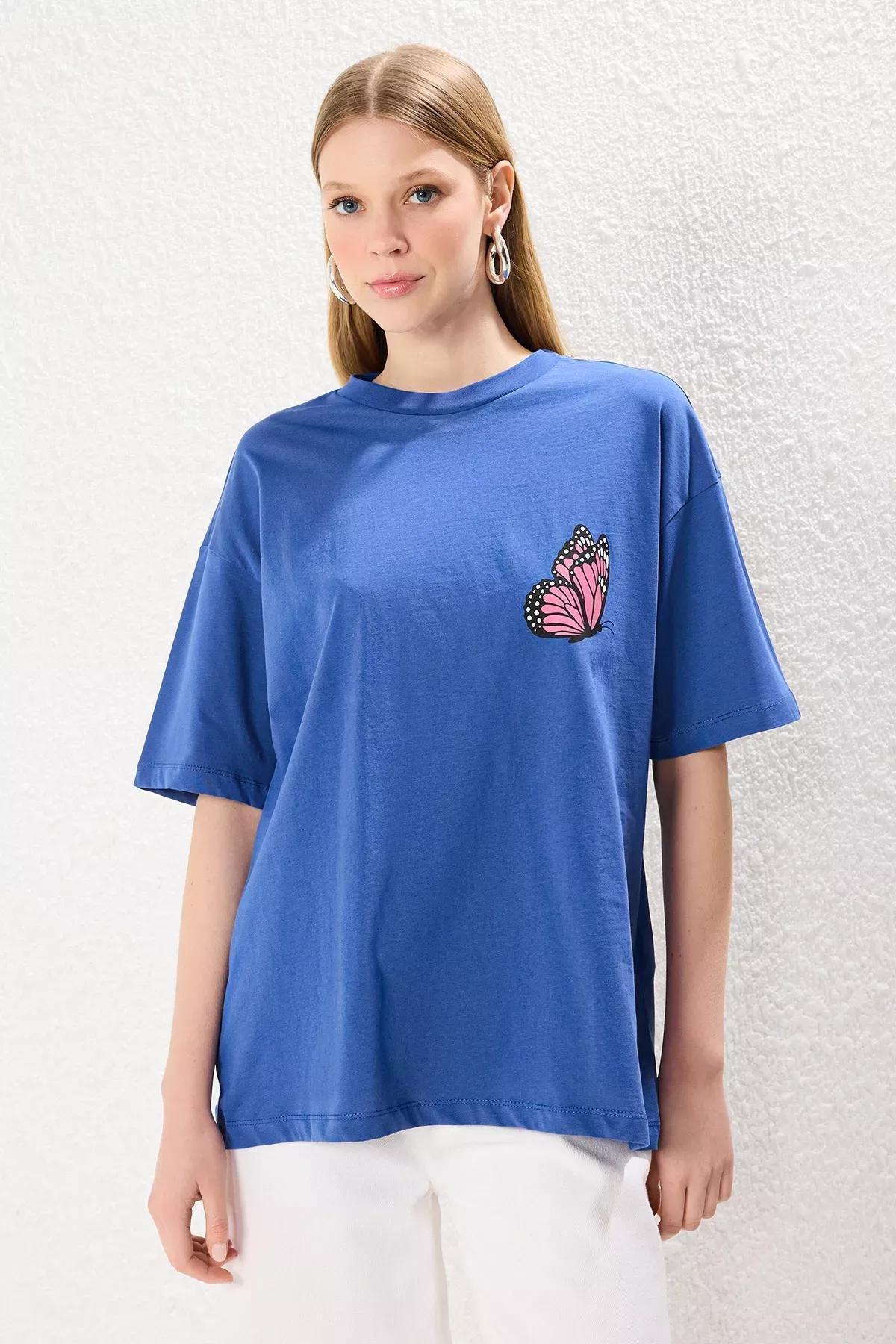 Blue Printed Oversize Crew-Neck T-Shirt, Indigo, large image number 0