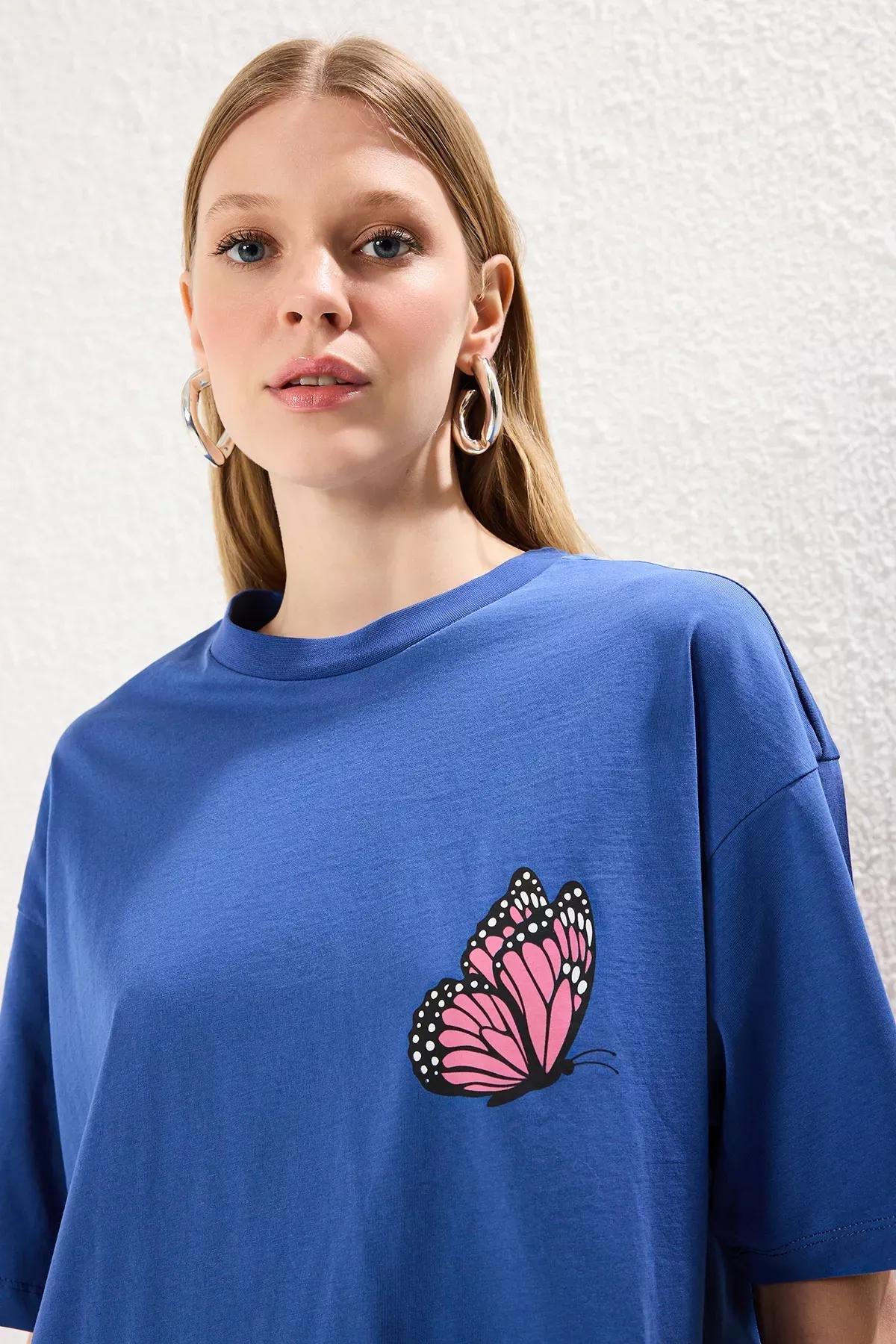 Blue Printed Oversize Crew-Neck T-Shirt, Indigo, large image number 1
