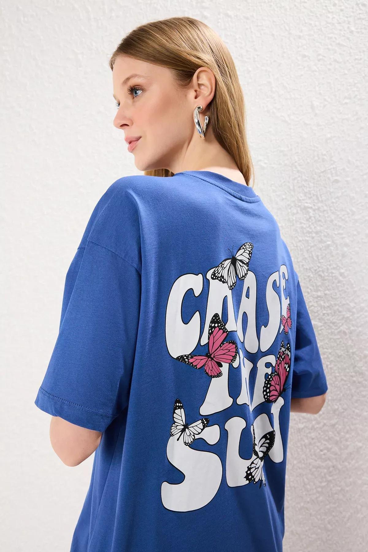Blue Printed Oversize Crew-Neck T-Shirt, Indigo, large image number 2