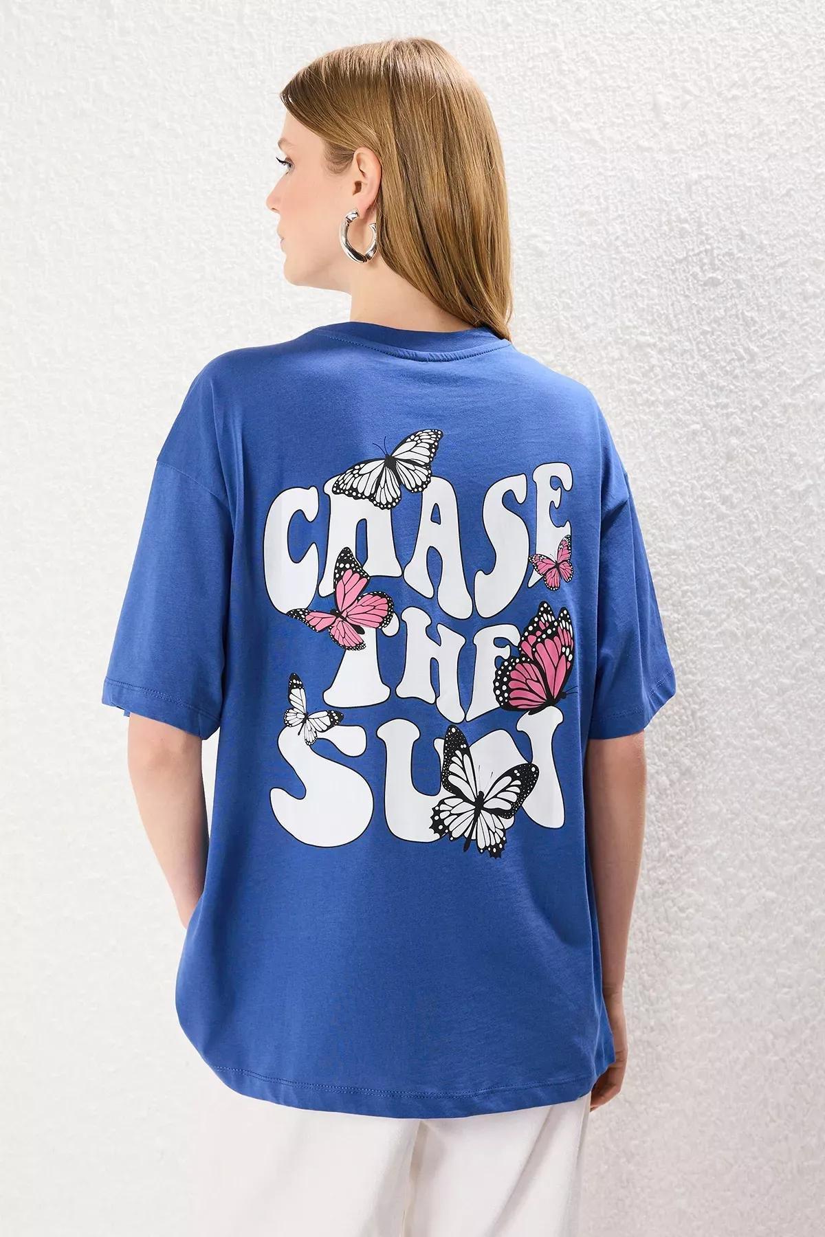 Blue Printed Oversize Crew-Neck T-Shirt, Indigo, large image number 3