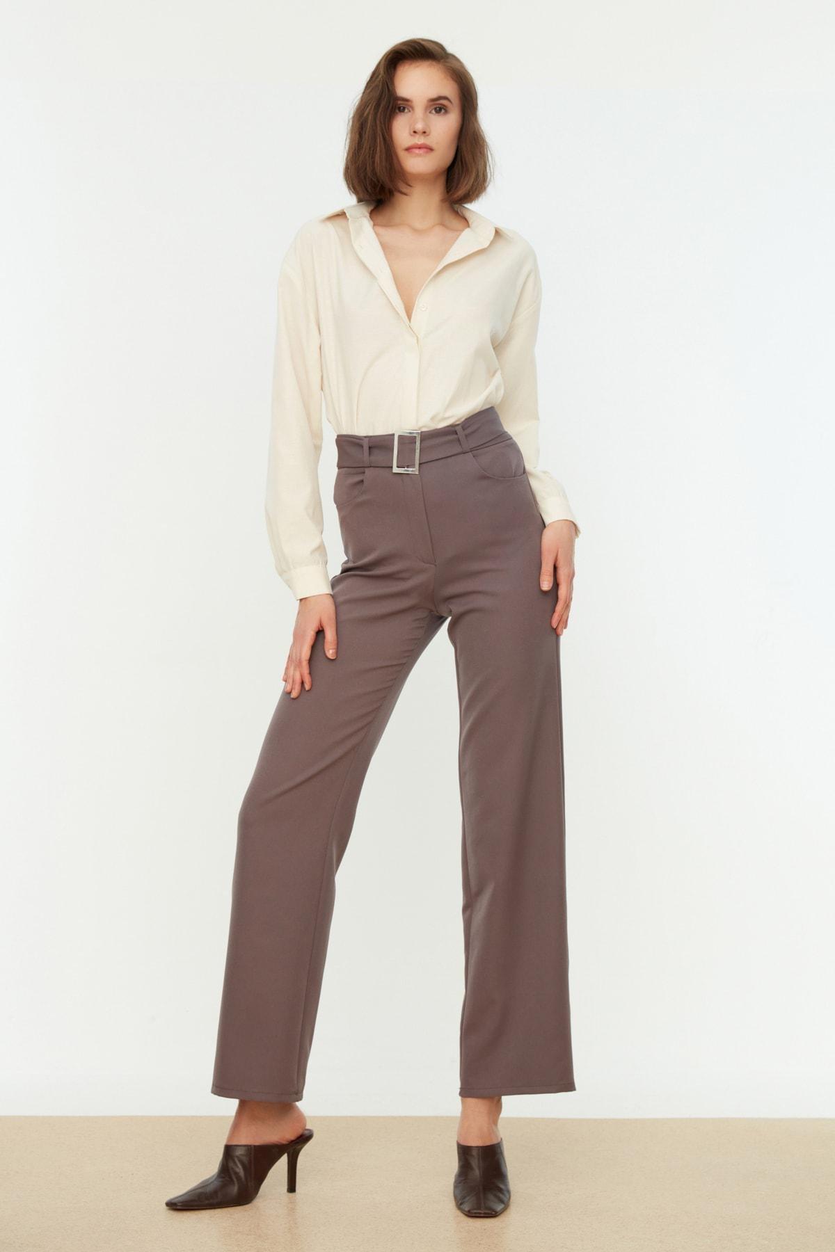 Grey Straight High Waist Pants, , large image number 0