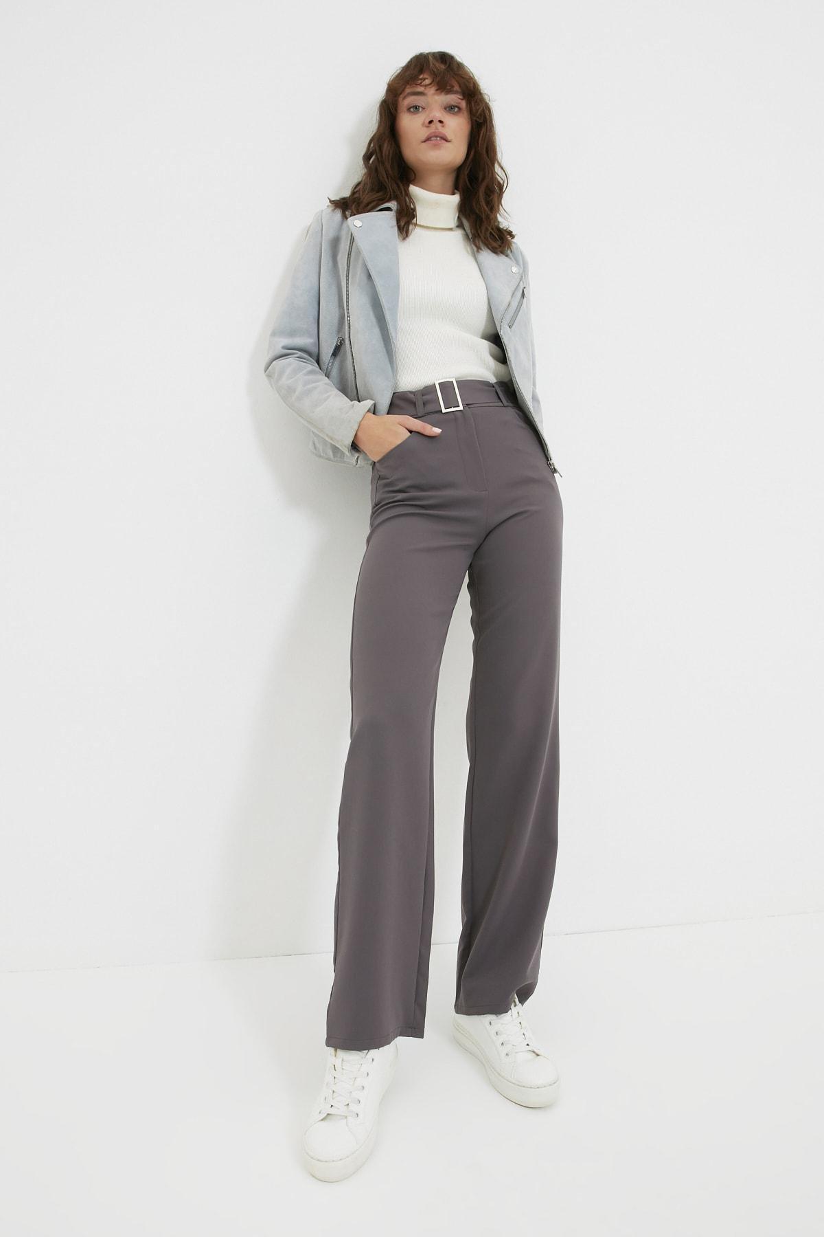 Grey Straight High Waist Pants, , large image number 1