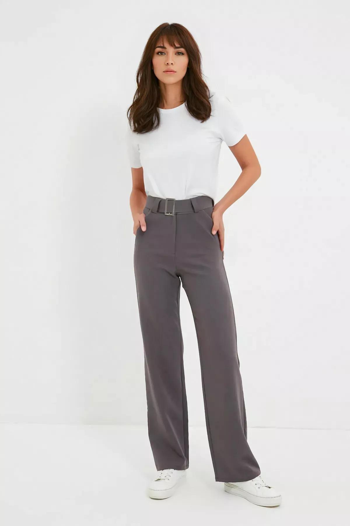 Grey Straight High Waist Pants, Gray, large image number 1