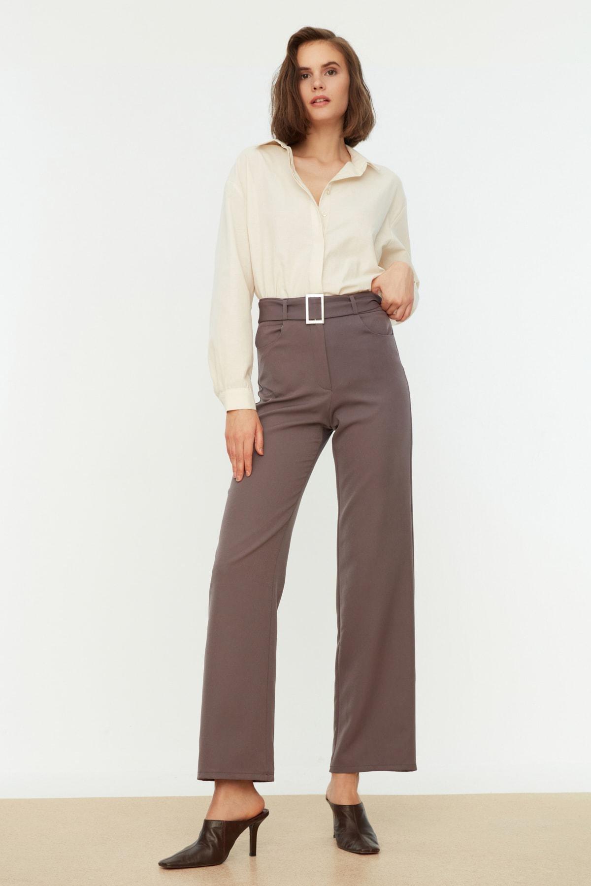 Grey Straight High Waist Pants, Gray, large image number 2