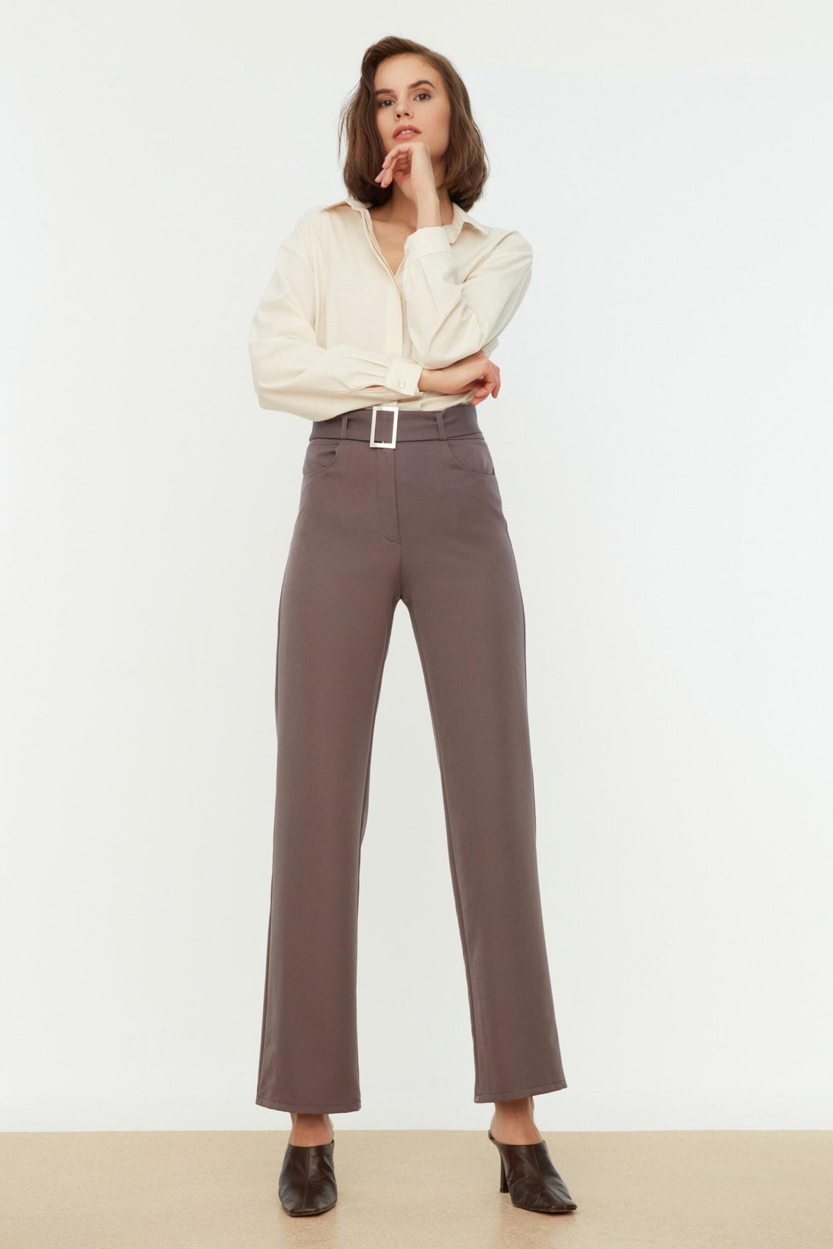 Grey Straight High Waist Pants, Gray, large image number 3
