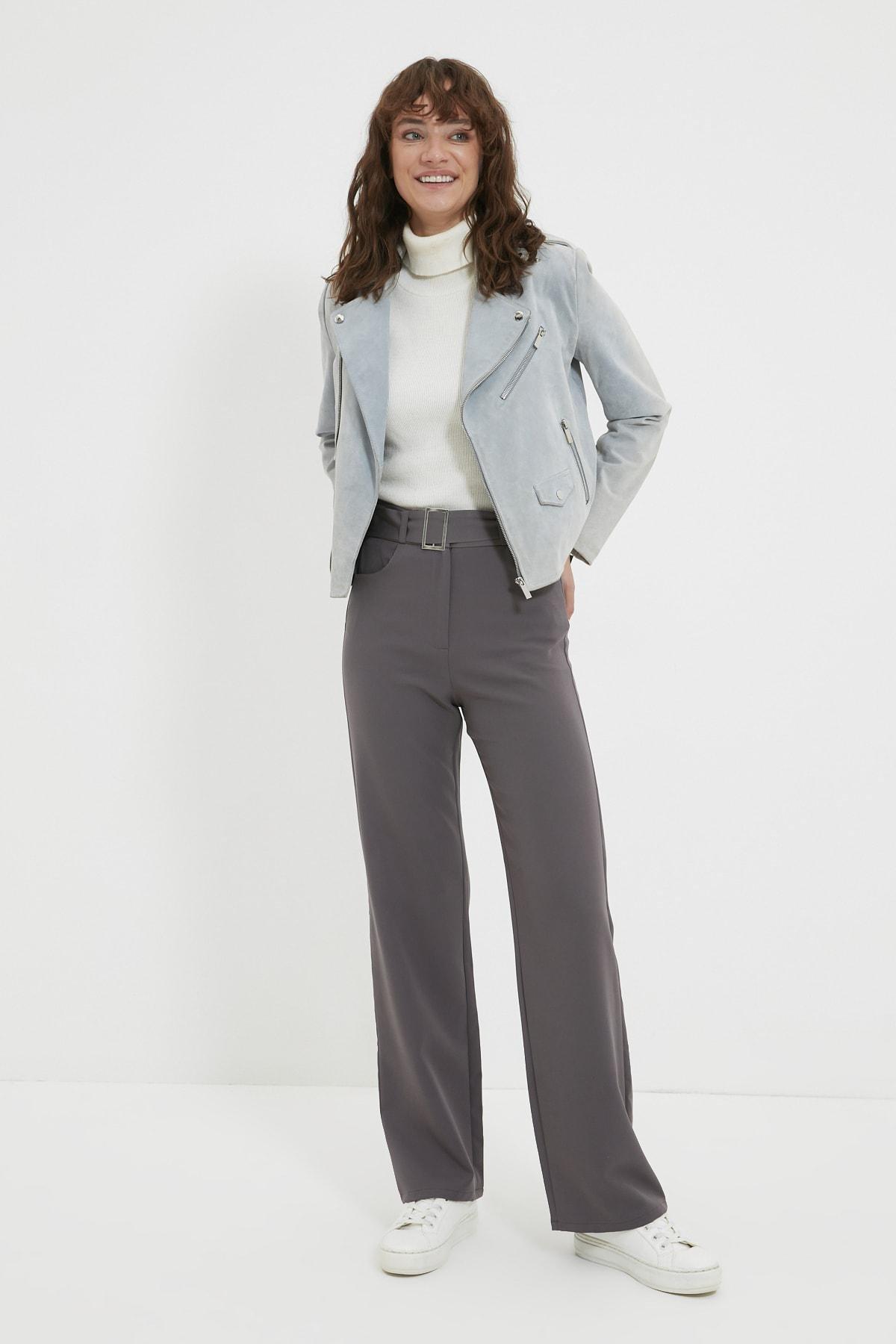 Grey Straight High Waist Pants, Gray, large image number 7