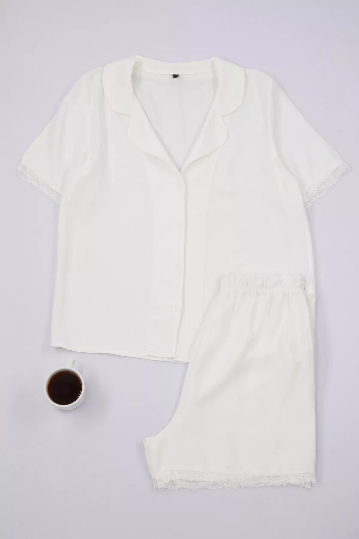 Beige Lace Detailed Pajama Set, Ecru, large image number 0