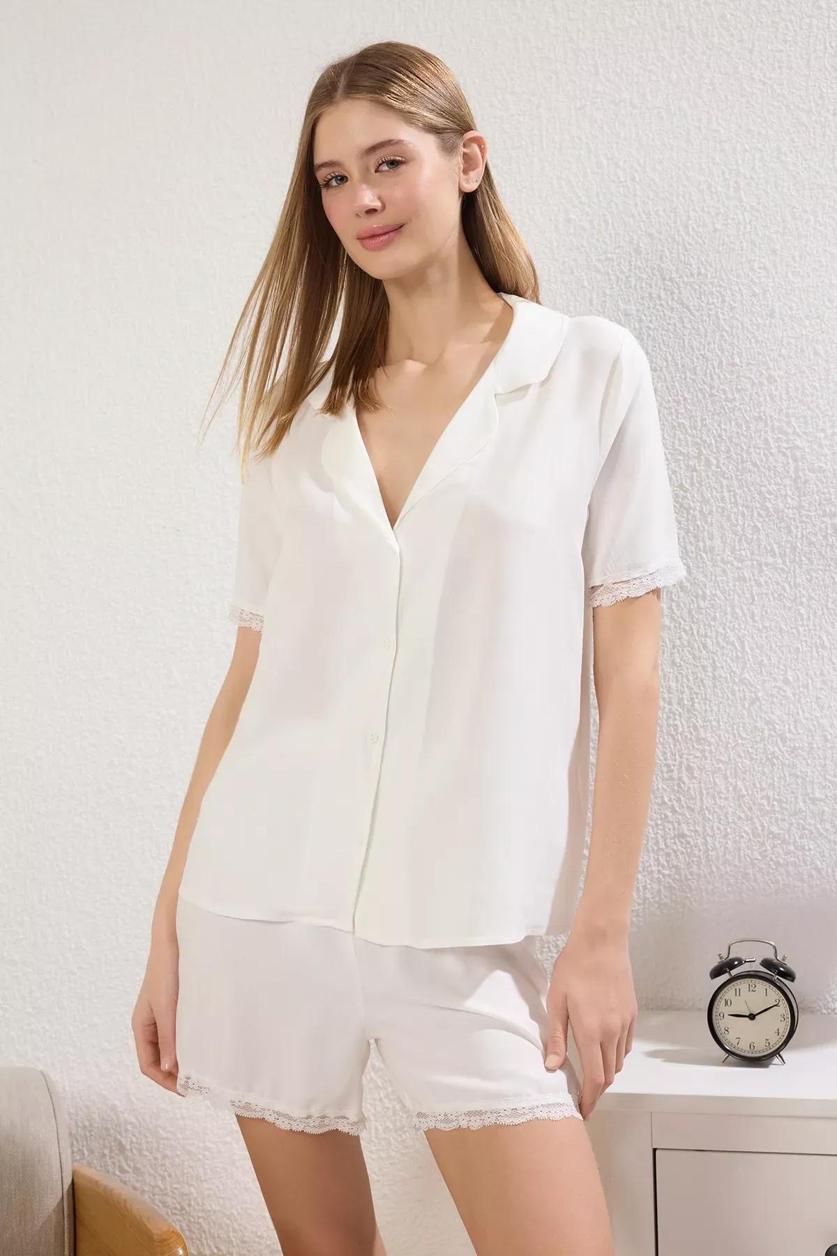 Beige Lace Detailed Pajama Set, Ecru, large image number 1