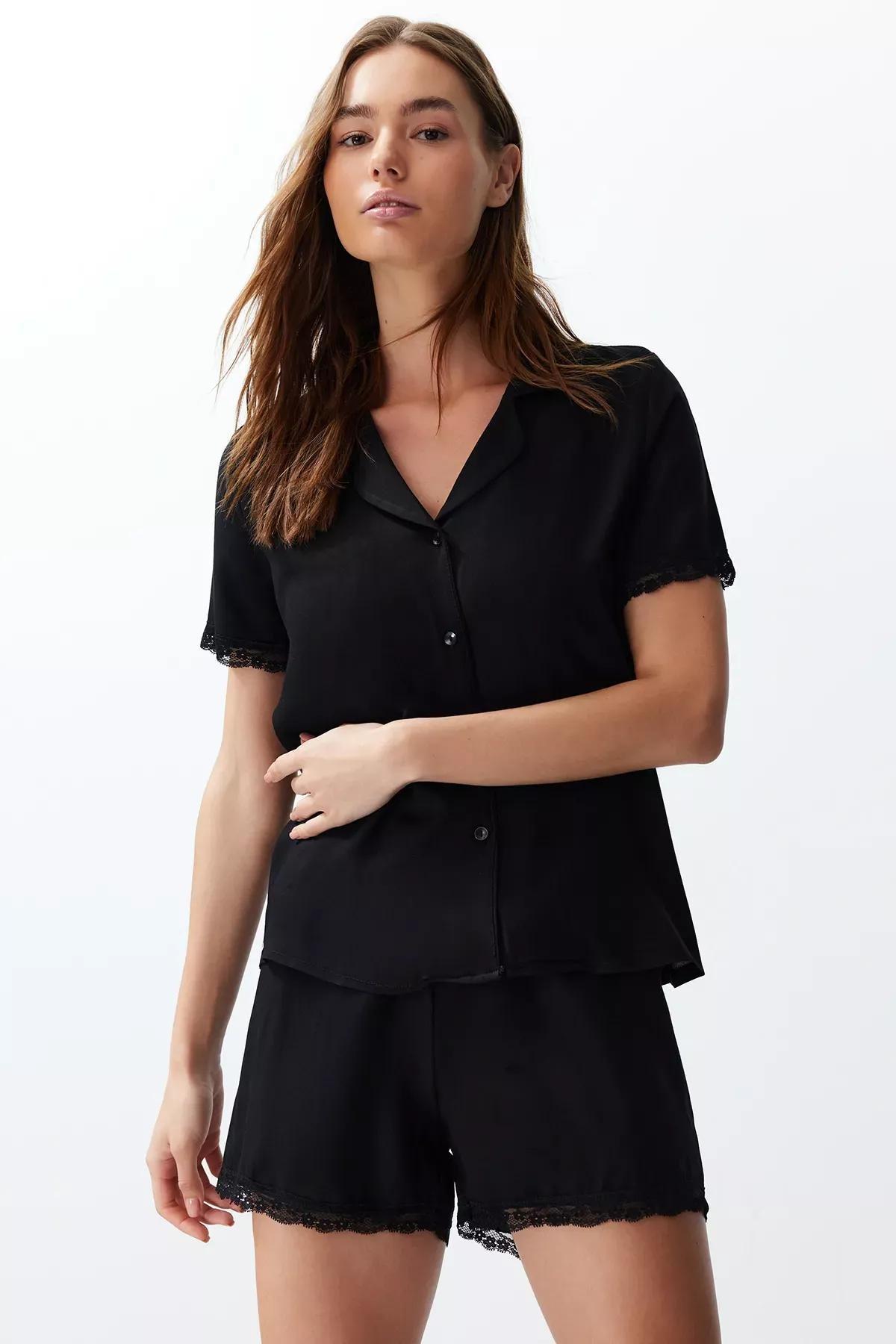 Black Laced Detailed Woven Pyjamas Set, BLACK, large image number 1