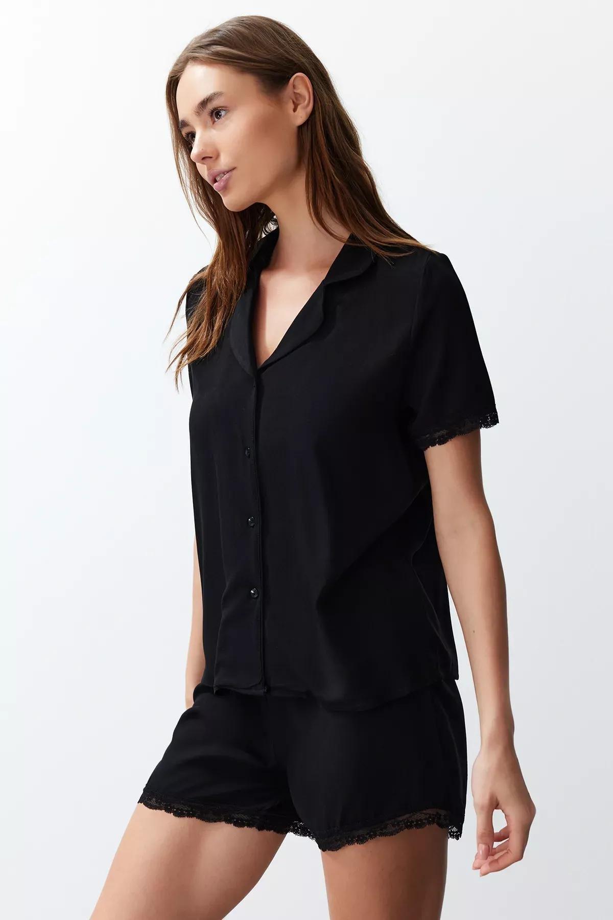 Black Laced Detailed Woven Pyjamas Set, BLACK, large image number 3