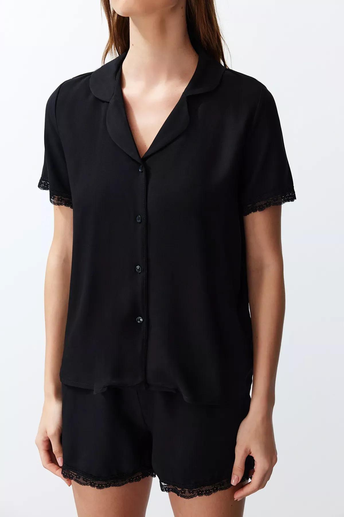 Black Laced Detailed Woven Pyjamas Set, BLACK, large image number 4