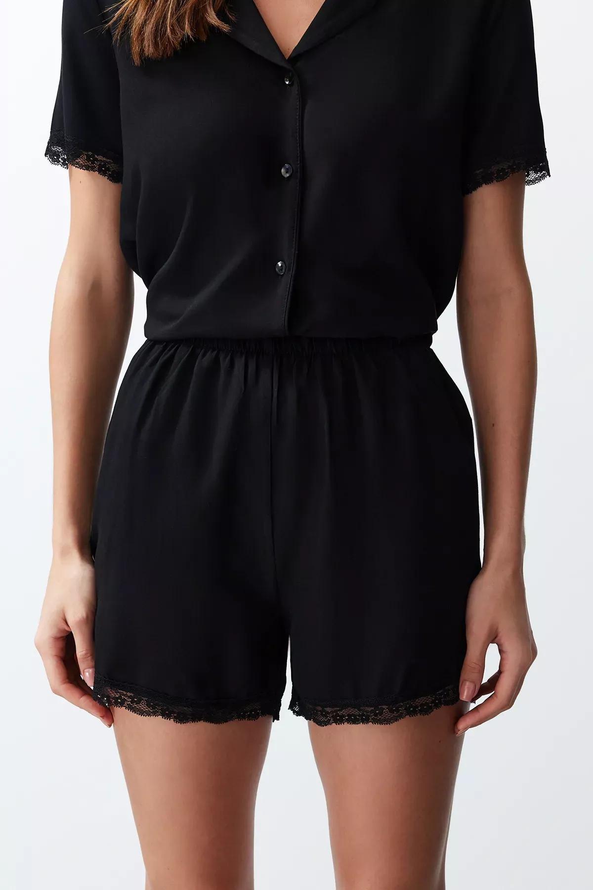 Black Laced Detailed Woven Pyjamas Set, BLACK, large image number 5