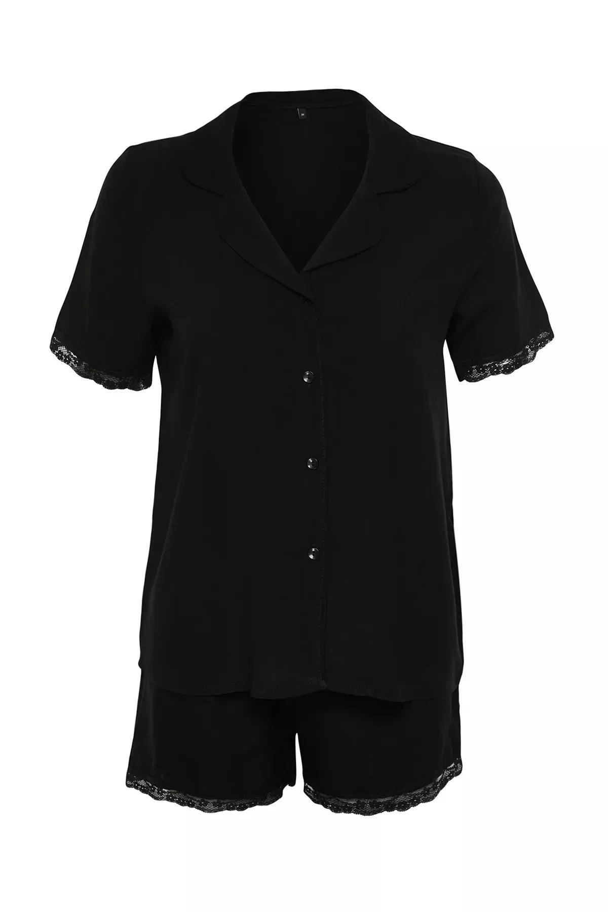 Black Laced Detailed Woven Pyjamas Set, BLACK, large image number 6