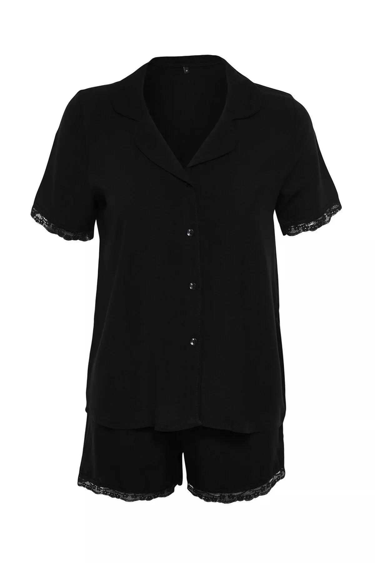 Black Laced Detailed Woven Pyjamas Set, BLACK, large image number 8